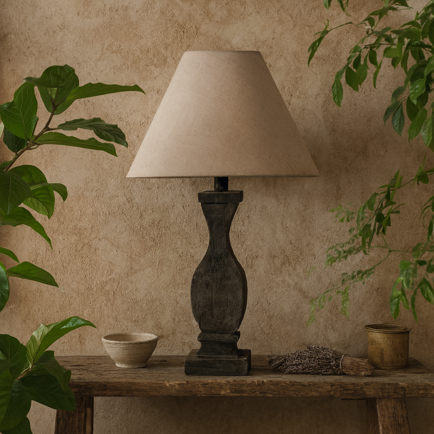 Wyld Haus Mossfern Wood Table Lamp With Neutral Linen Shade - Brown