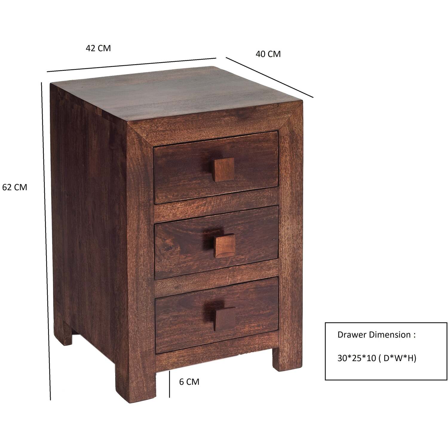 Phuket Dark Mango 3 Drawer Bedside Table - Brown