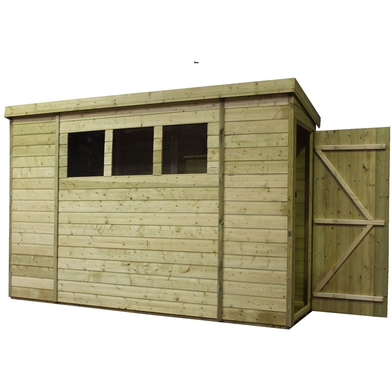 Empire 2600 10x3 Pent Garden Shed with a Single Door on Right Side Panel & 3 Windows - Green