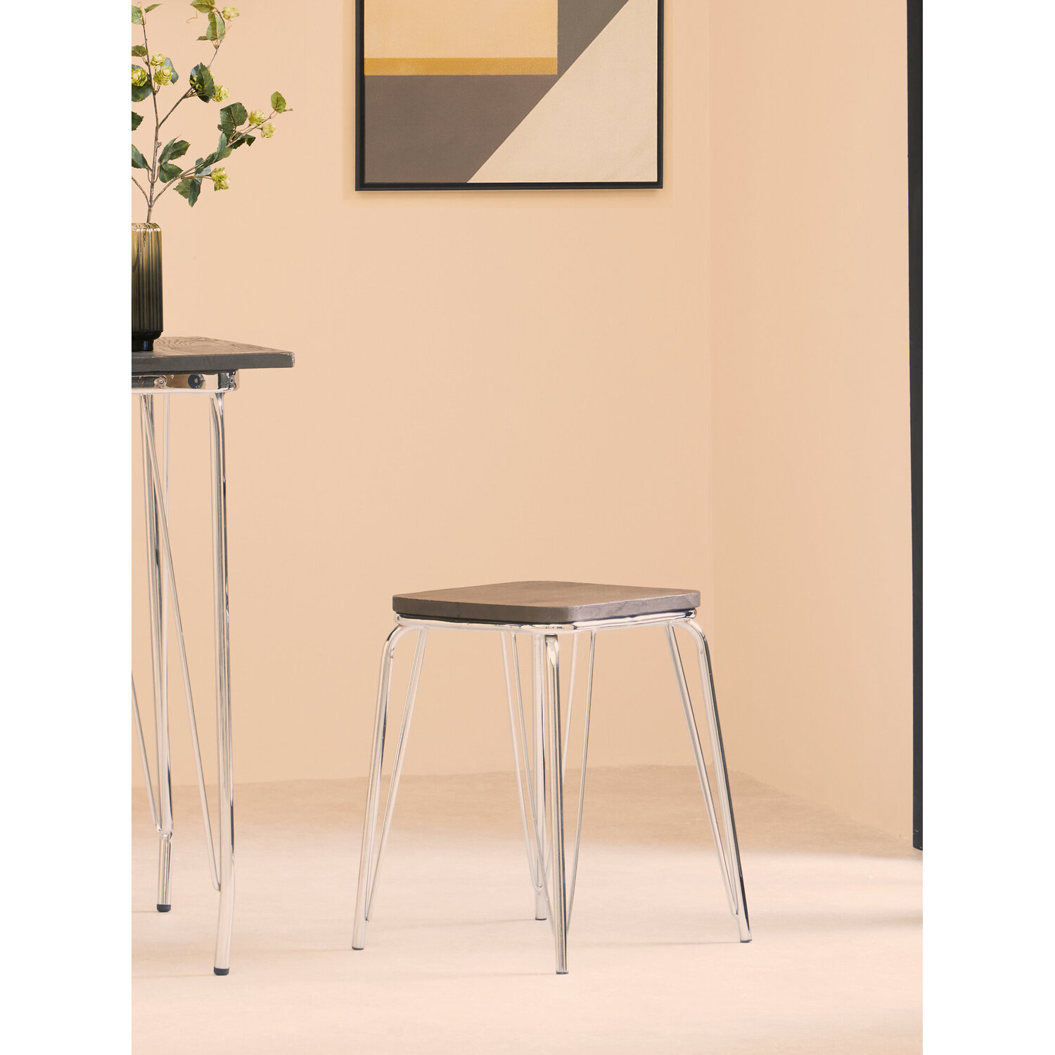 District Chrome Metal And Elm Small Wood Stool - Silver