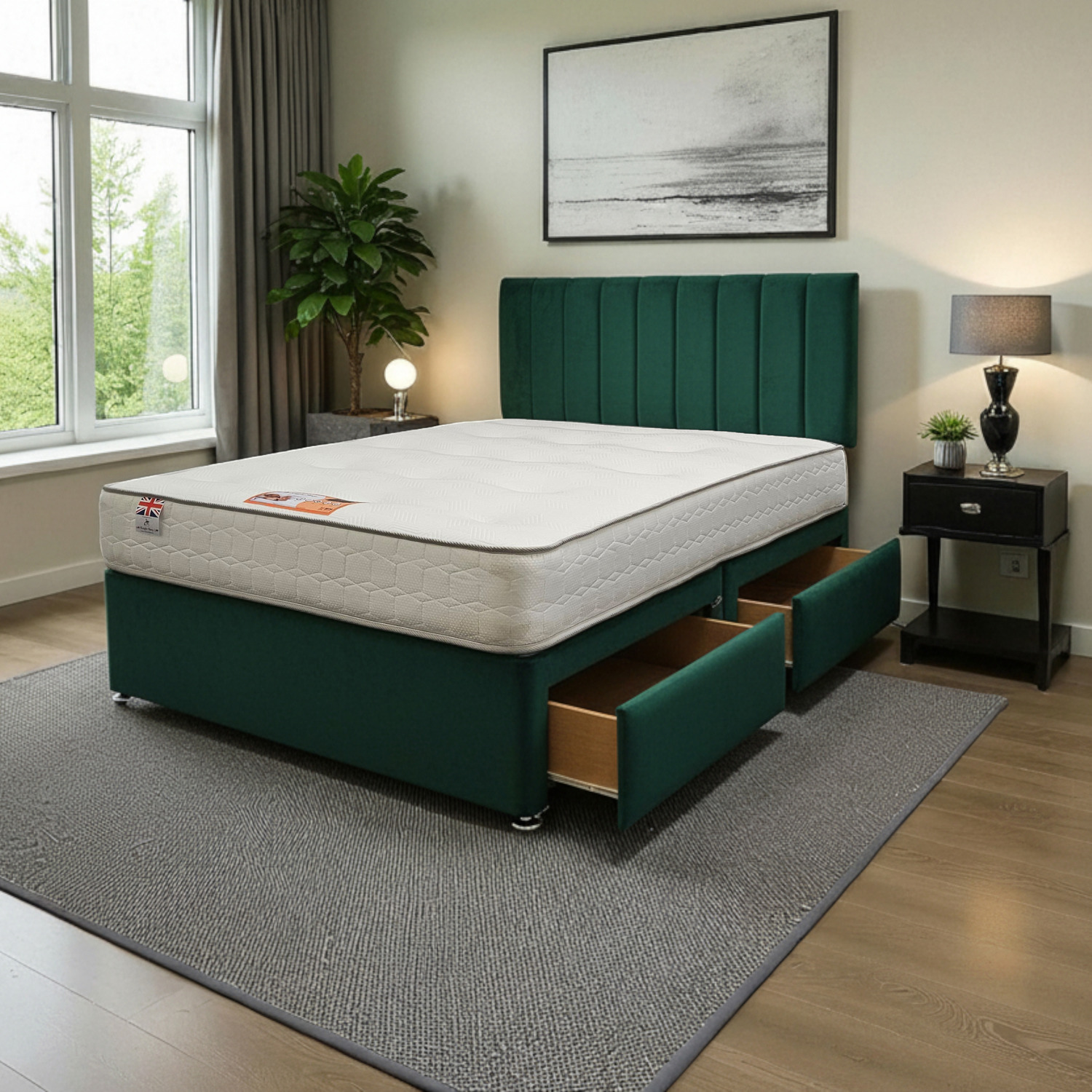 Paris Plush Bed Set With Mattress 2 Drawers Same Side 24 Headboard - Emerald King