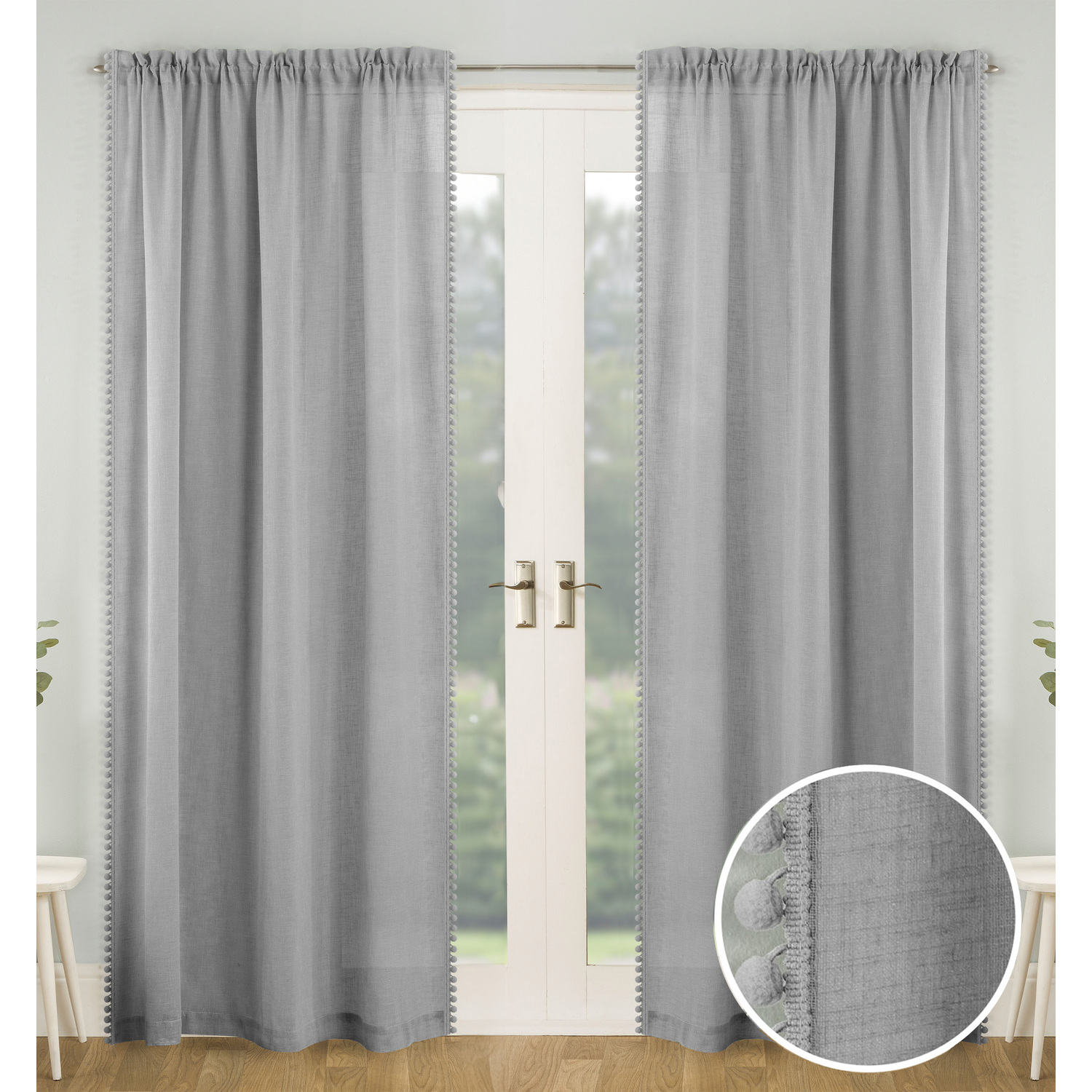 Pair of Slot Top Sheer Voile Panels with Pom-Pom Trim - Grey / 137cm