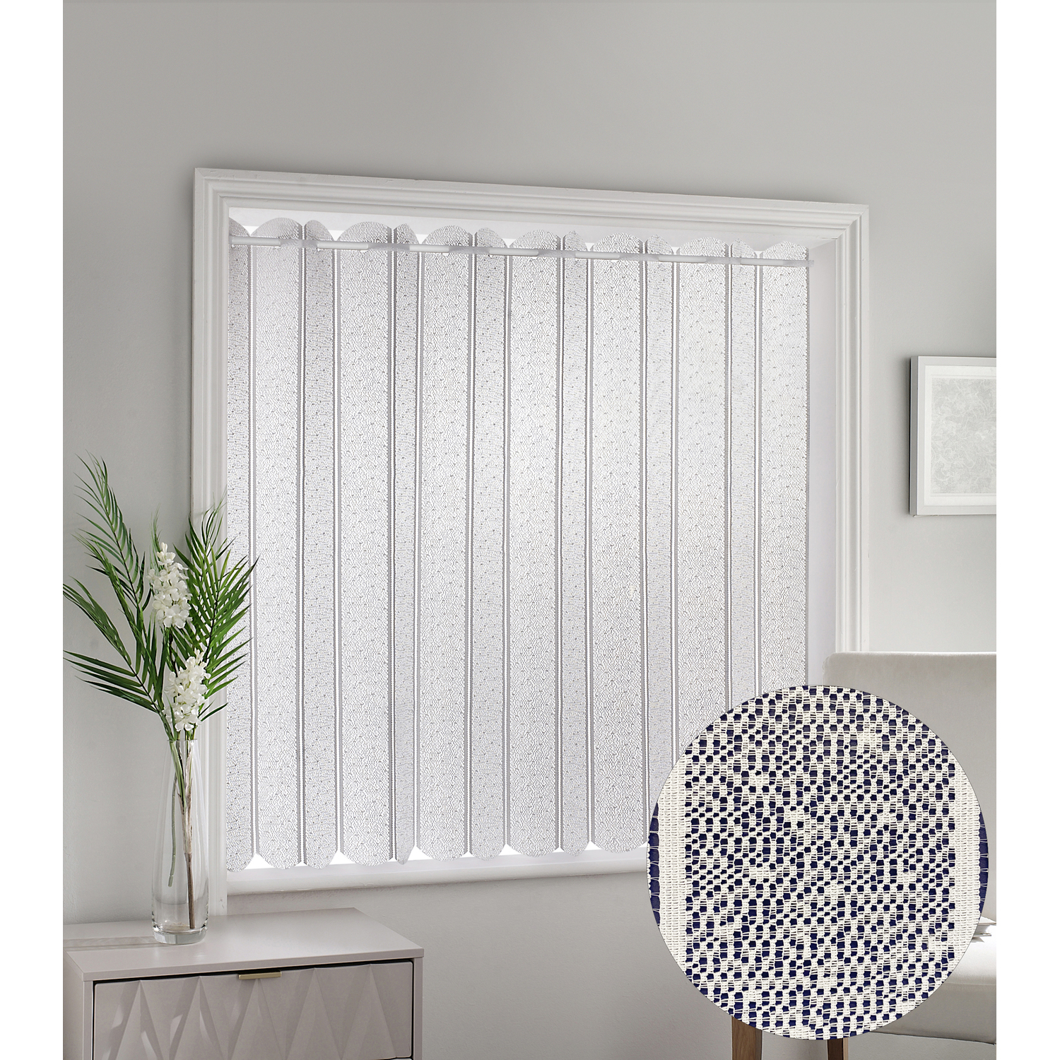Parma - White Plain Patterned Vertical Window Blind, Pleated Lace Panel Curtain - White / 122cm