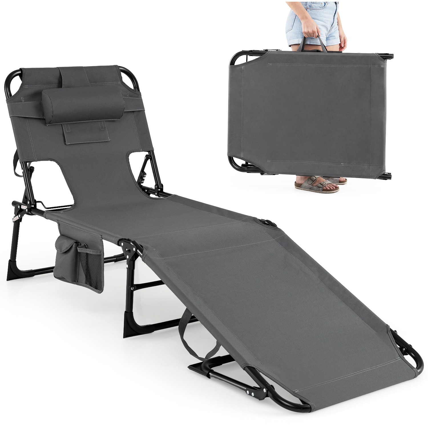 Costway Folding Chaise Lounge Beach Chair - Grey
