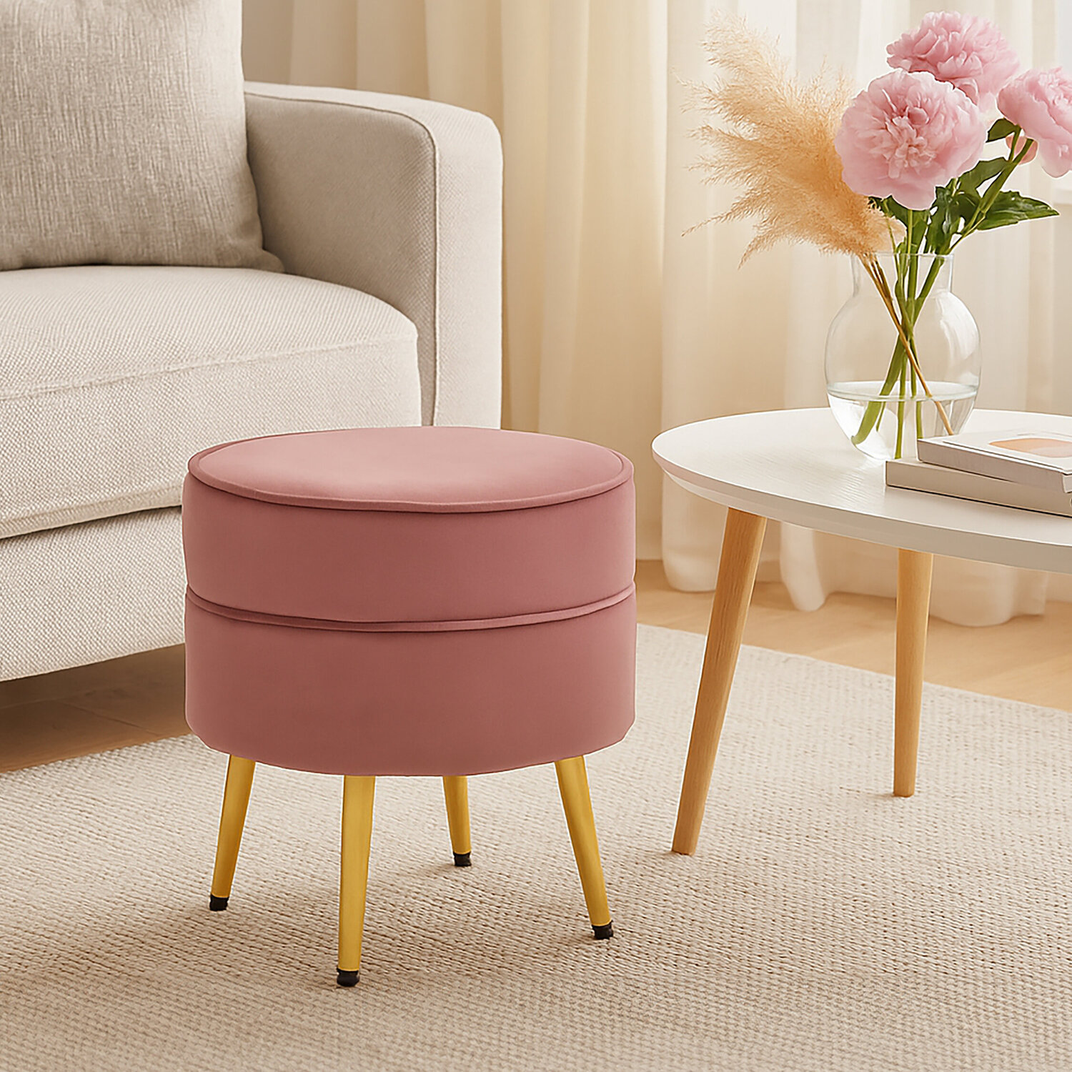 Tamra Round Dusty Pink Velvet Gold Leg Footstool - Pink
