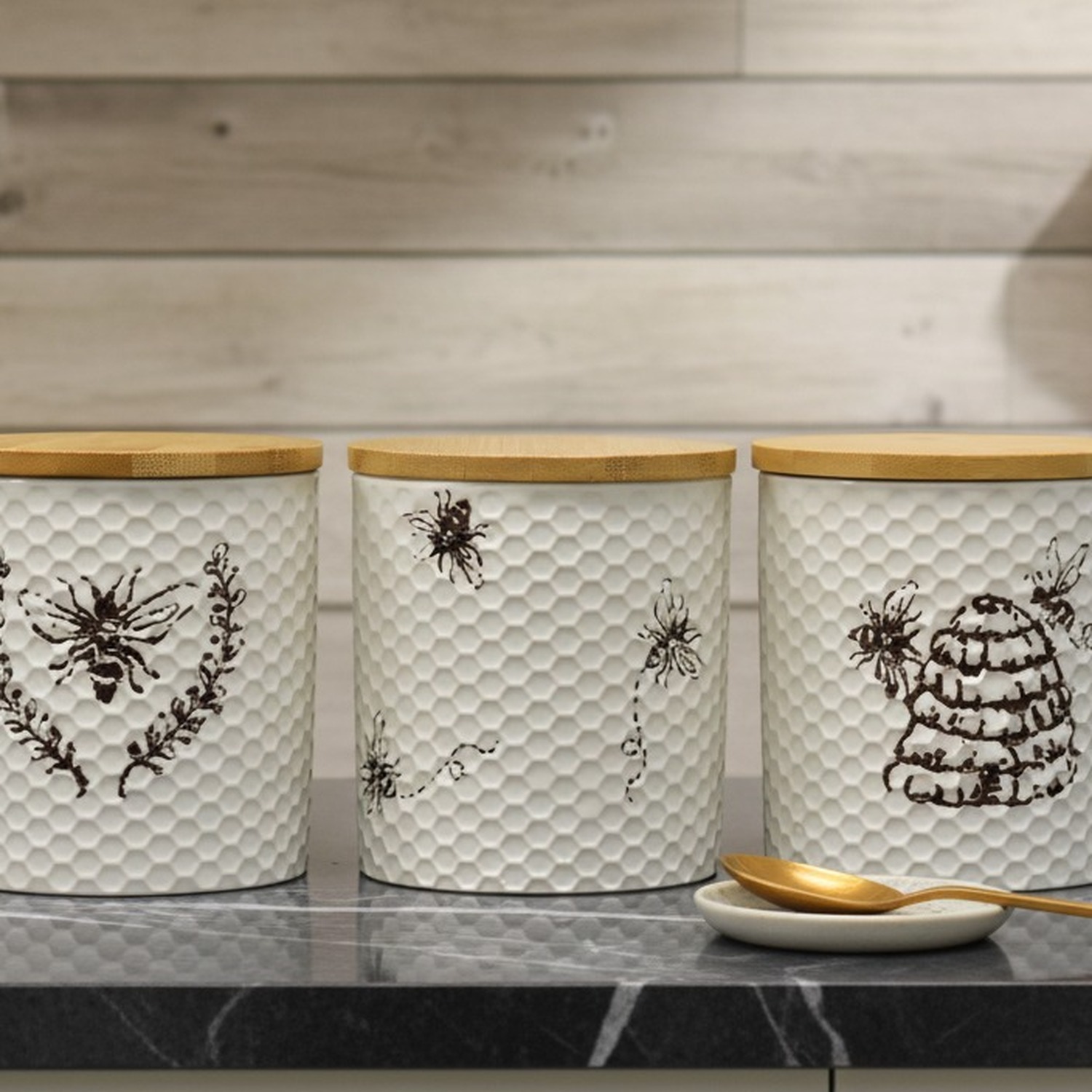 Image of 3x Ceramic Bee Storage Canister Wood&hellip;