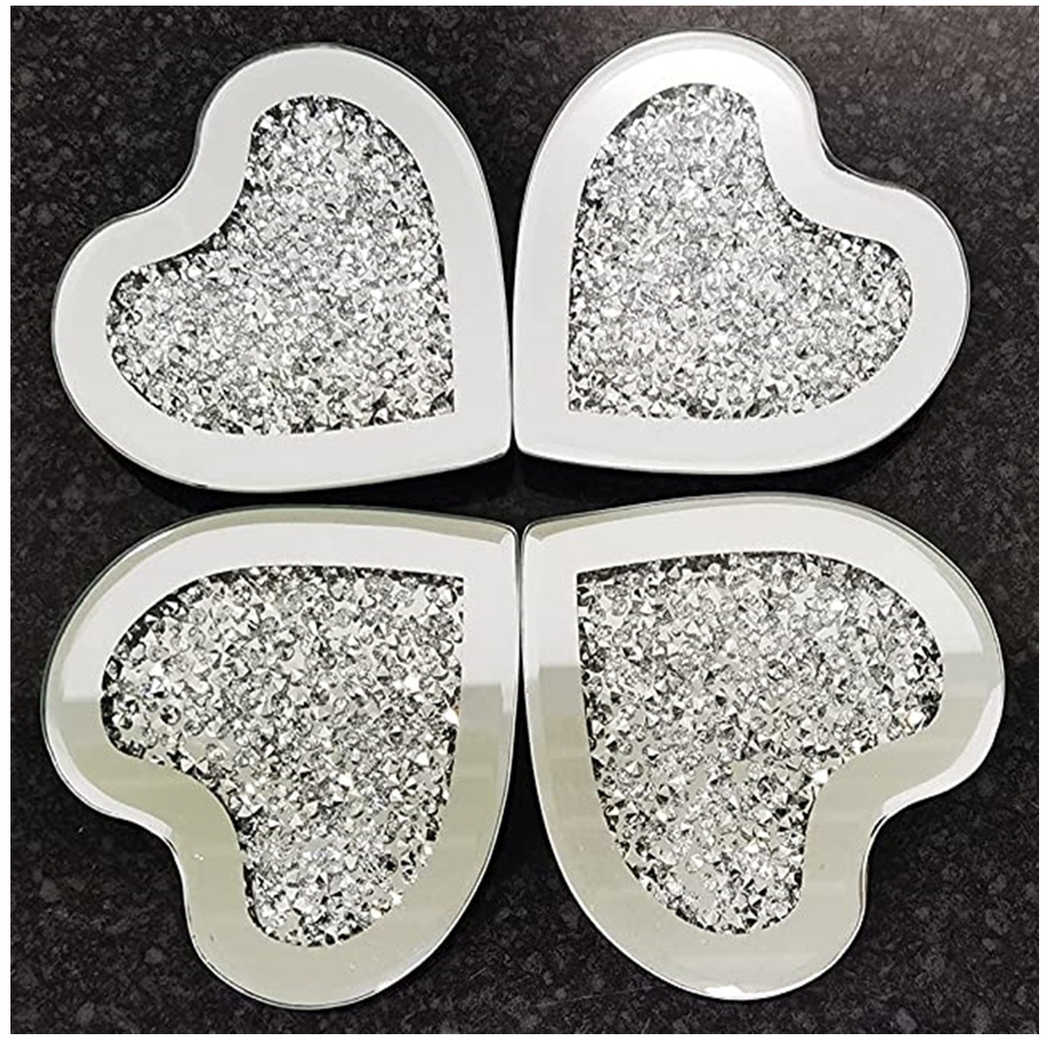 Deenz Set Of 4 Heart Shaped Coaster Mirror - Full Crushed Jewel - Silver