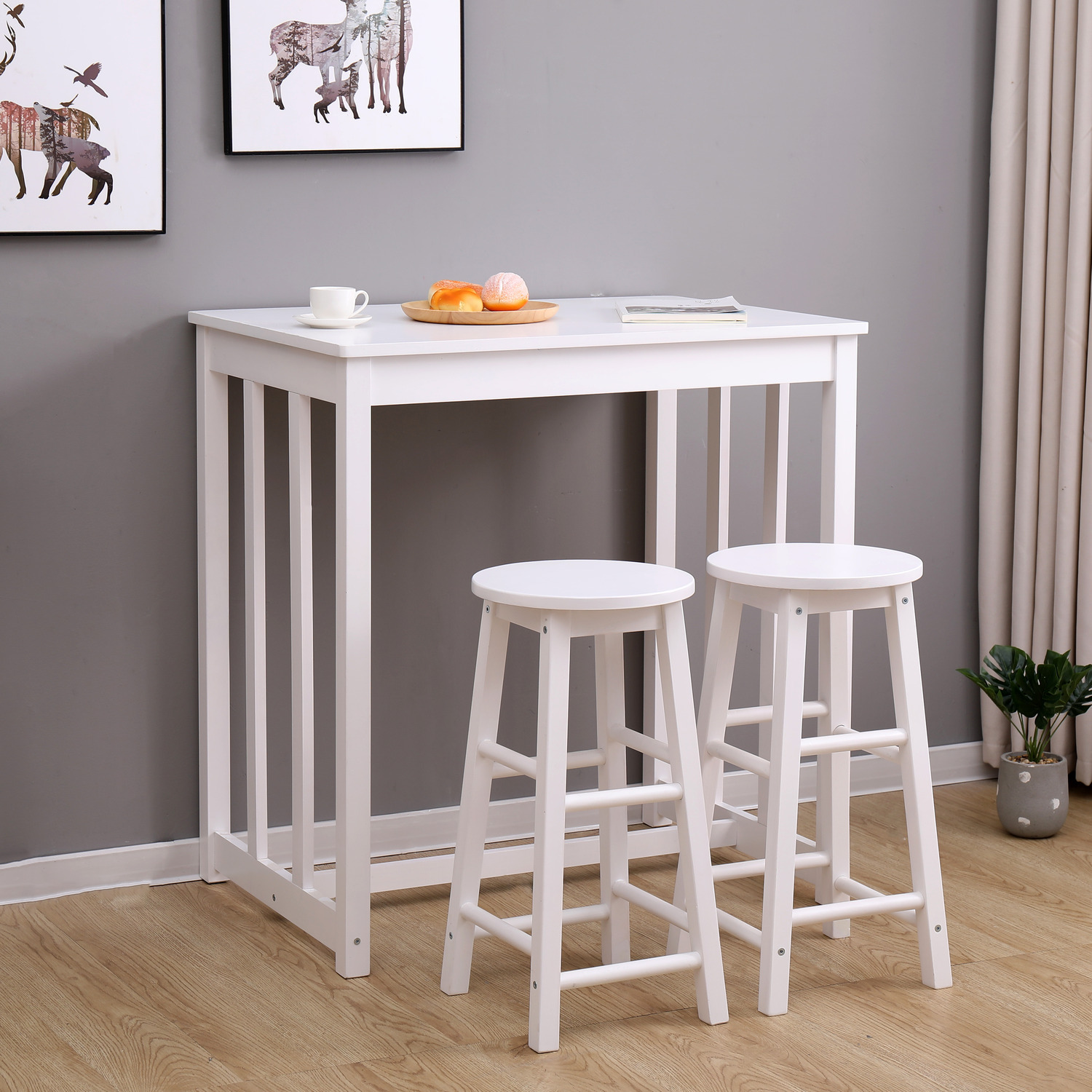 Hmd Solid Pine Dining Table Set Bar Table And Stool Set - White 16kg