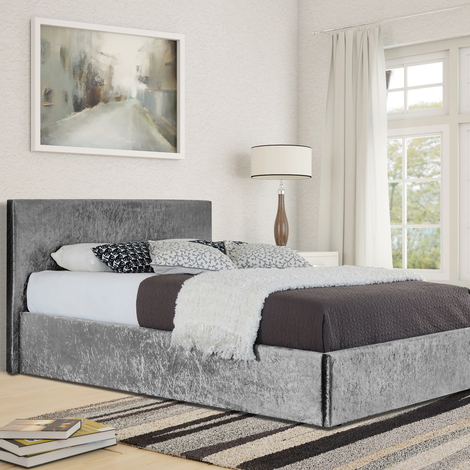 Crush Velvet Storage Ottoman Bed Frame - Silver / Double