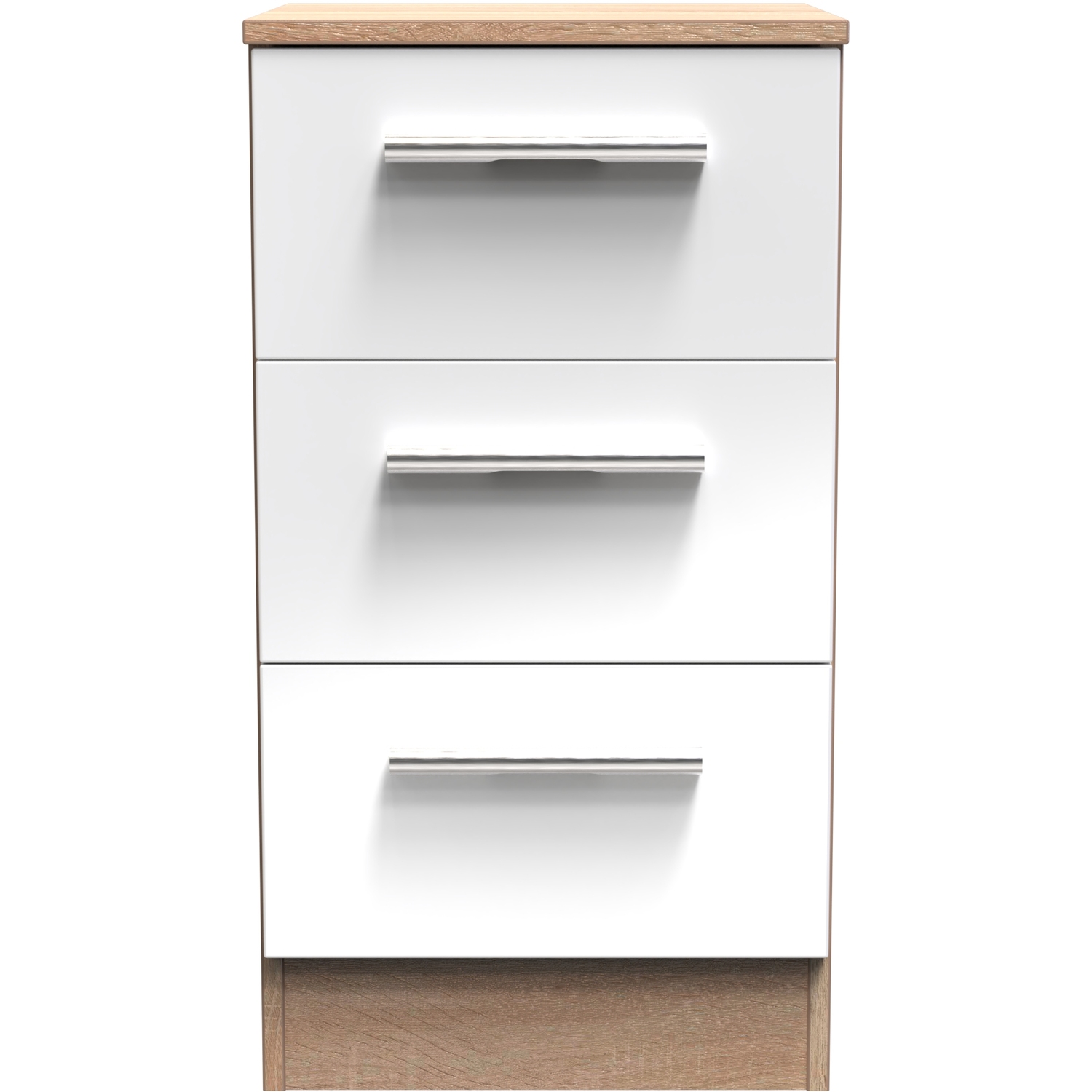 Contrast Ready Assembled 3 Drawer Bedside Cabinet - White Matt & Bardolino Oak