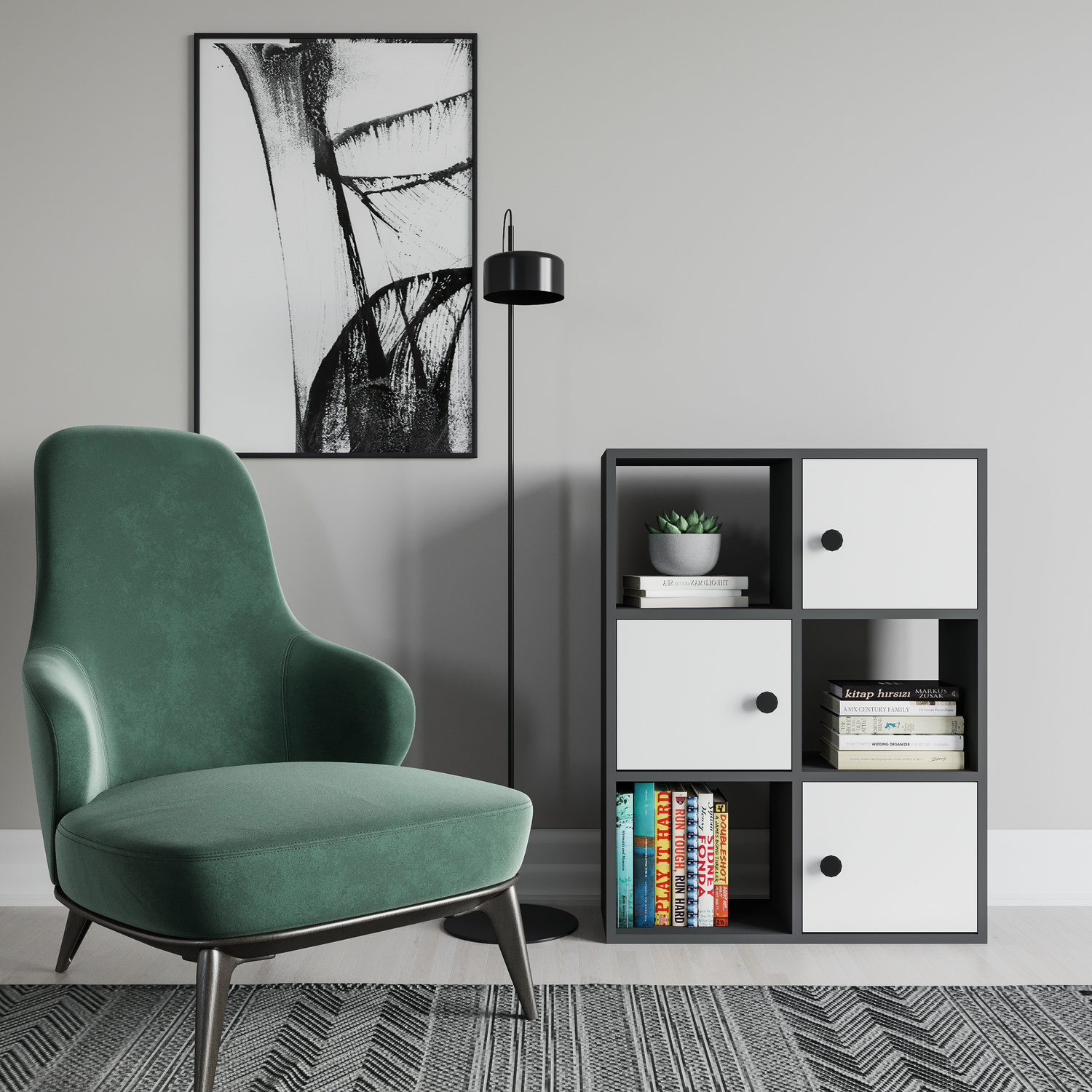 Tasso Bookcase With Cabinets - Anthracite White Three Cabinets