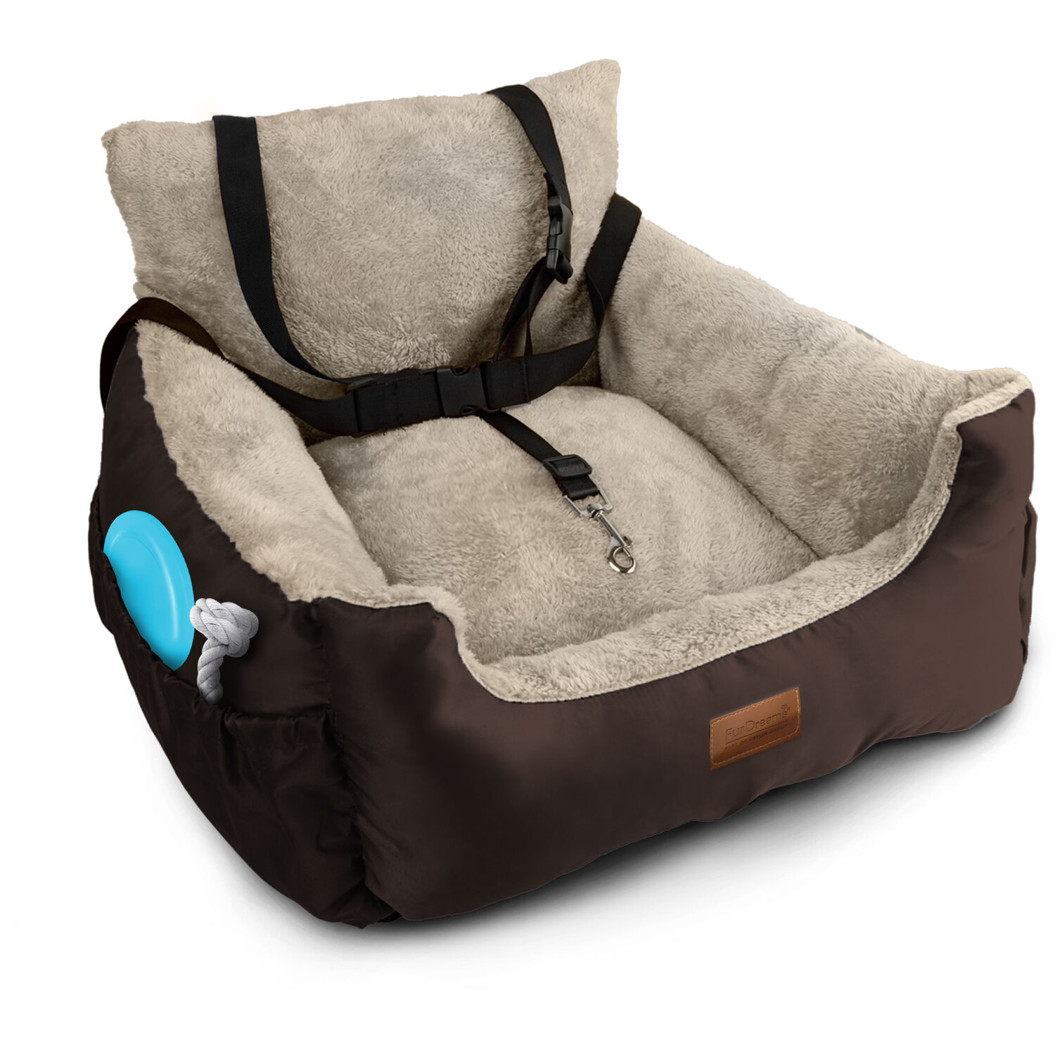 Furdreams Dog Car Booster Seat 50X50cm - Non-Slip, Safety Tether, Storage Pocket - Brown & Beige / 2.9Kg