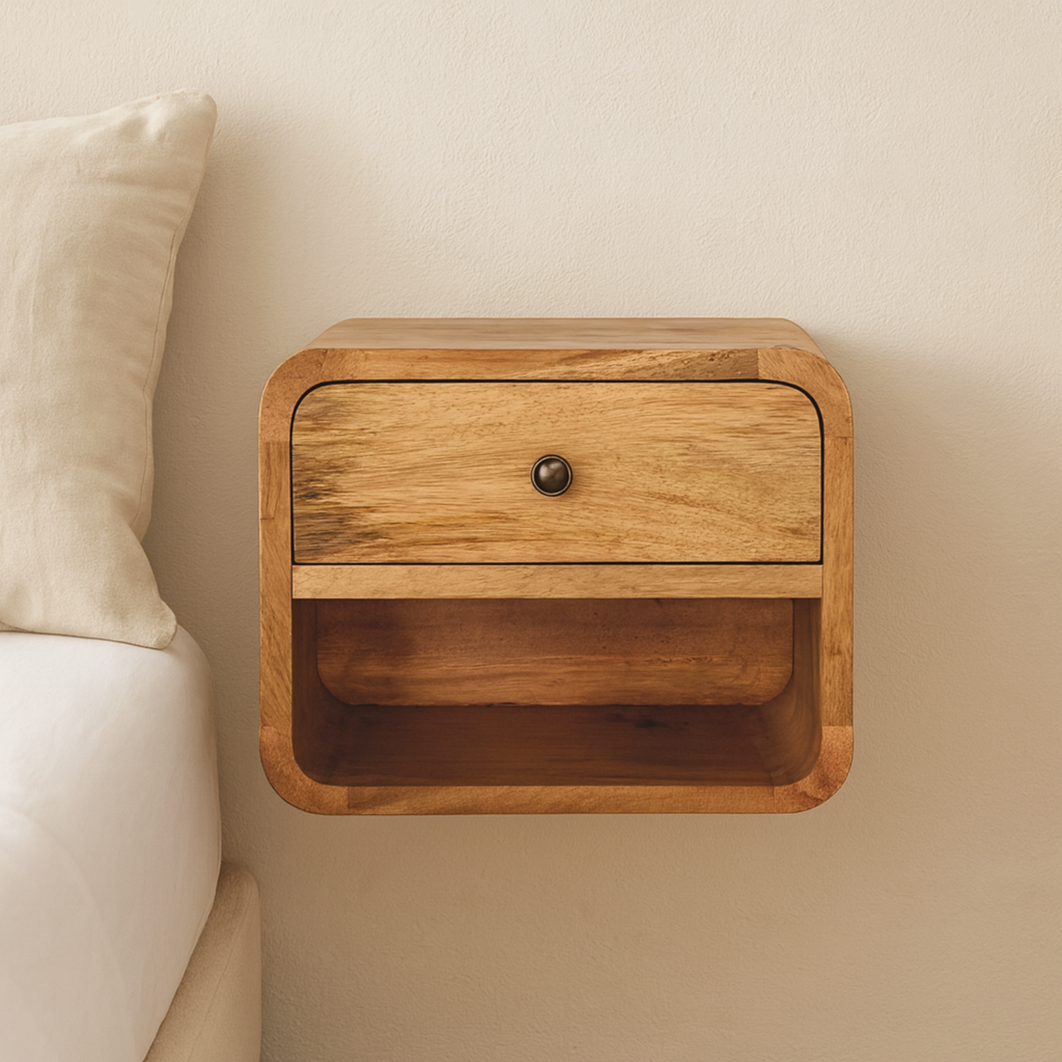 Artisan Furniture Solid Wood Mini Floating Open Bedside, 1 Drawer and 1 Open Slot, Oak-ish, Brown, Brown
