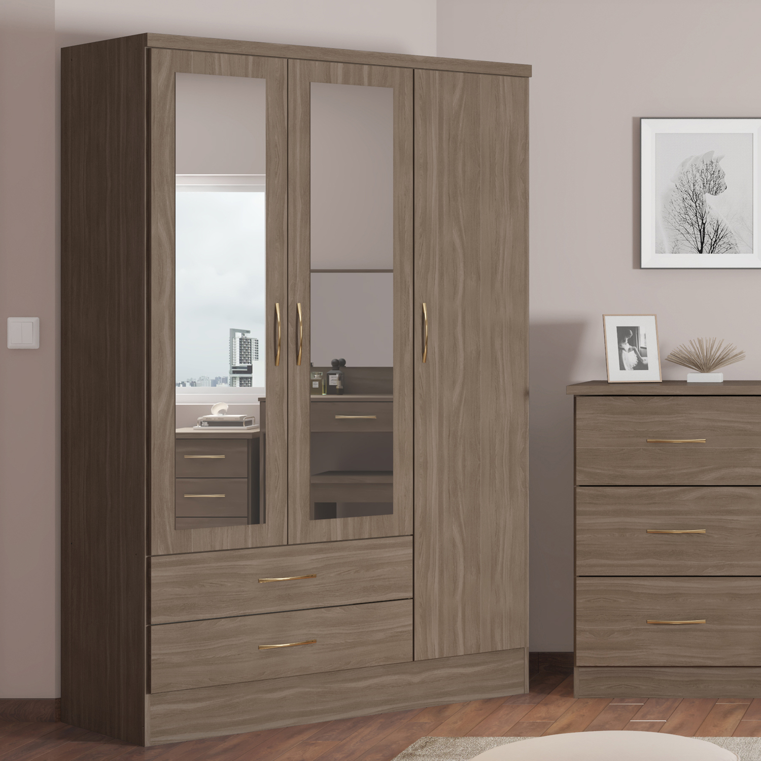Seconique Nevada 3 Door 2 Drawer Mirrored Wardrobe - Rustic Oak