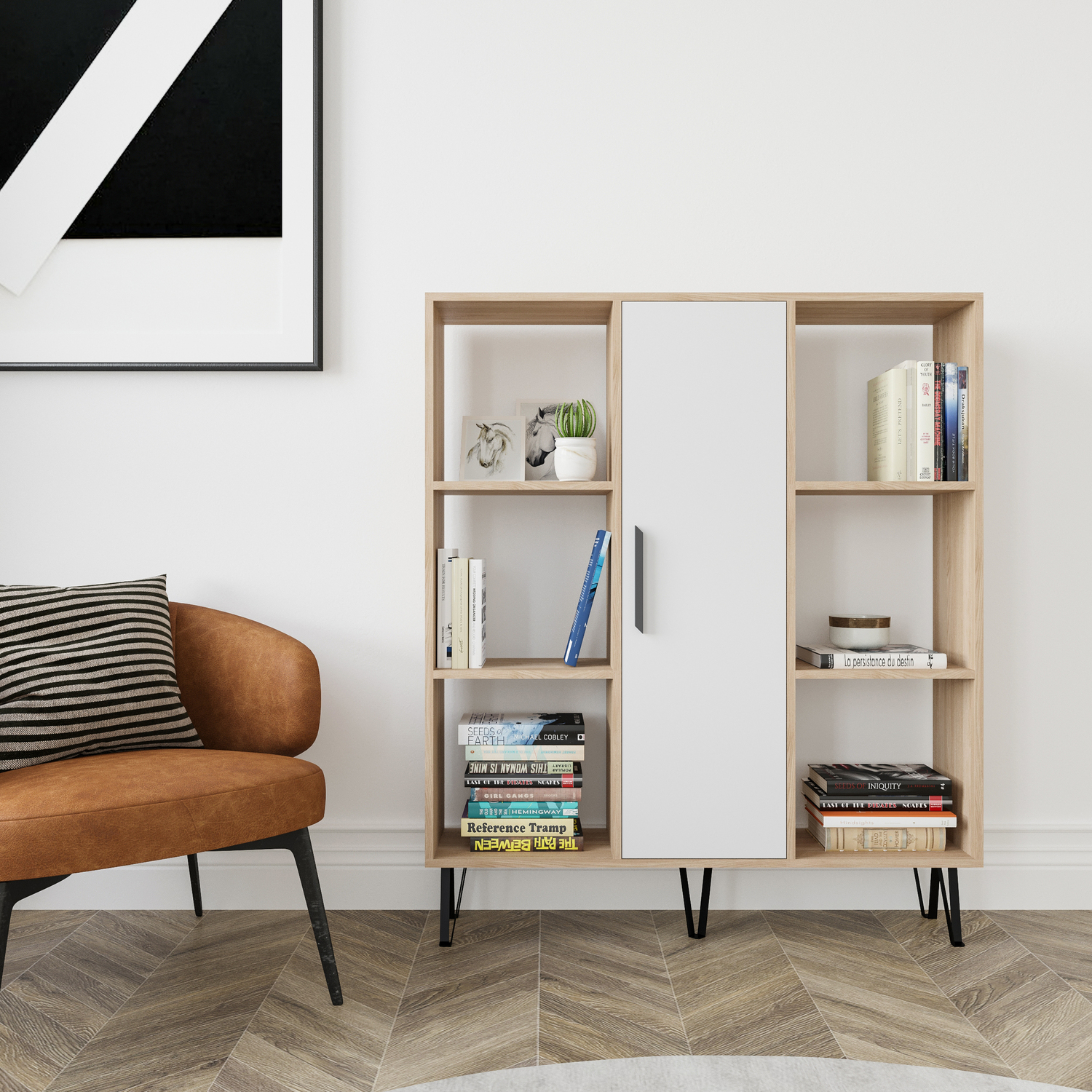 Peoria Bookcase  Shelving Unit with Cabinet - Oak and White