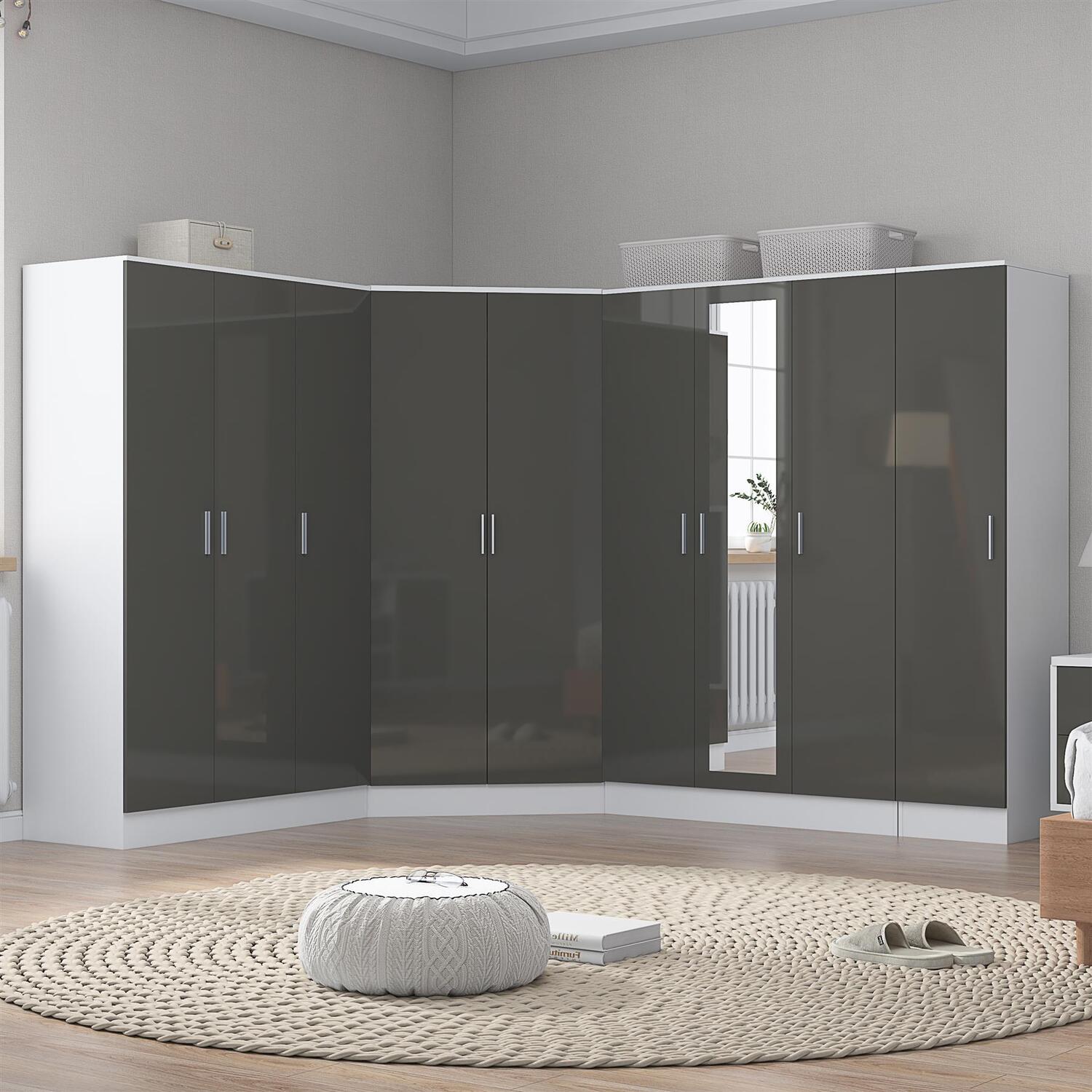 REFLECT Corner Wardrobe Bundle - 3dr Mirrored + 3dr Plain + 1dr - Grey / White - Image 6