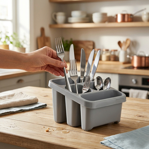 2 x Grey Sink Utensil Holder & Cutlery Drainer With 4 Compartments