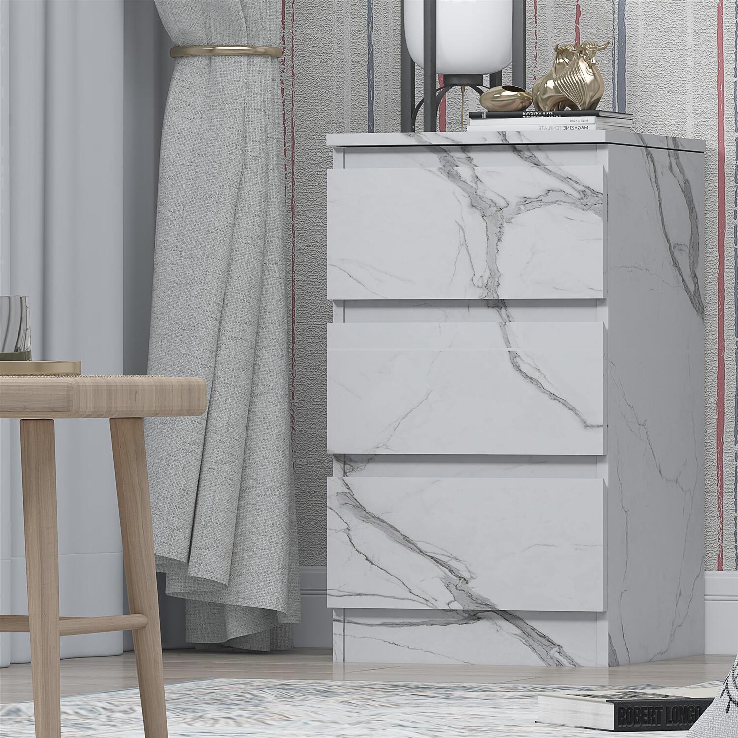 ZITA White Marble Effect 3 Drawer Bedside Table - Bedroom Unit - Image 6