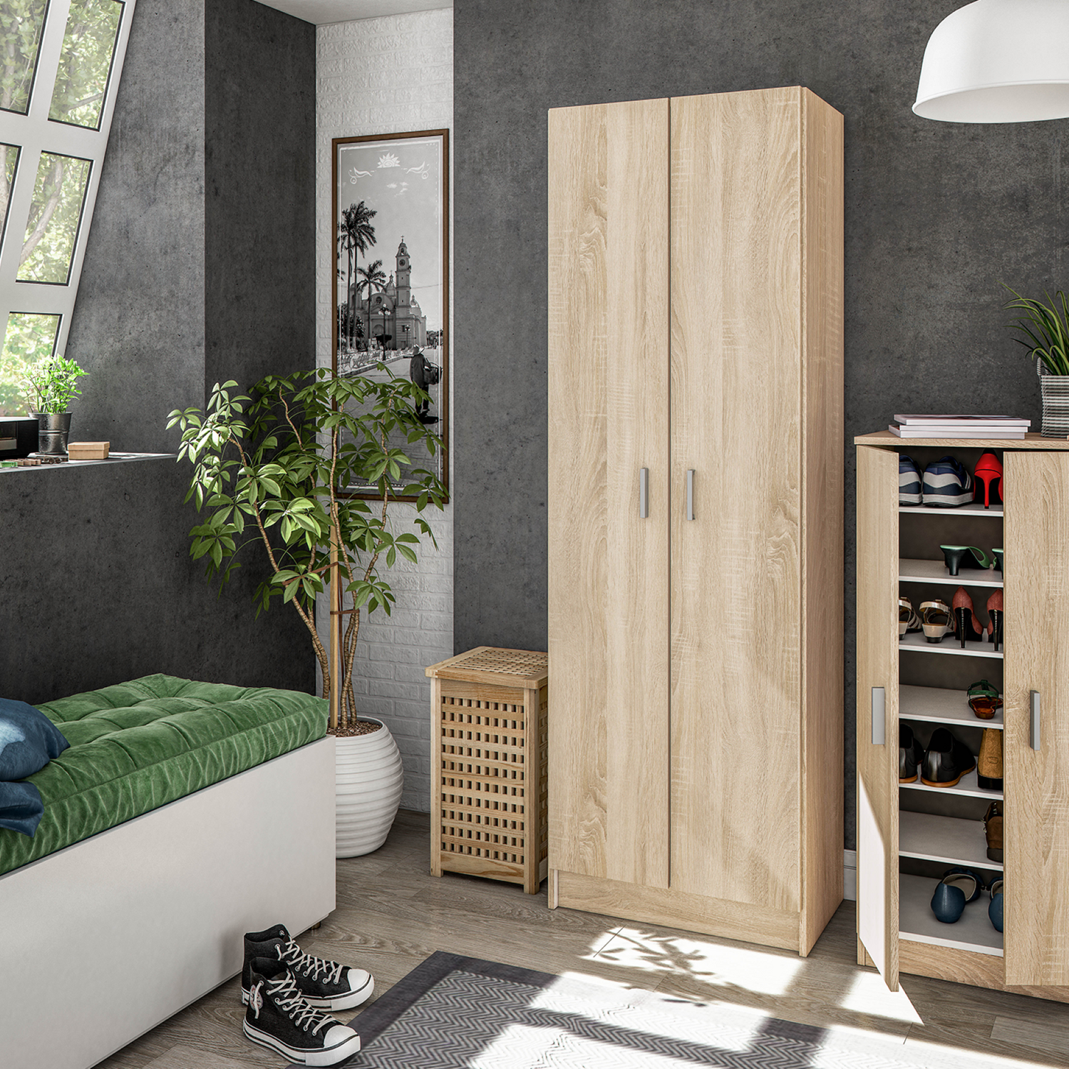 VITA Oak Utility Shoe Cupboard 2 Door Storage Cabinet 180cm High x 59cm Wide - Image 6