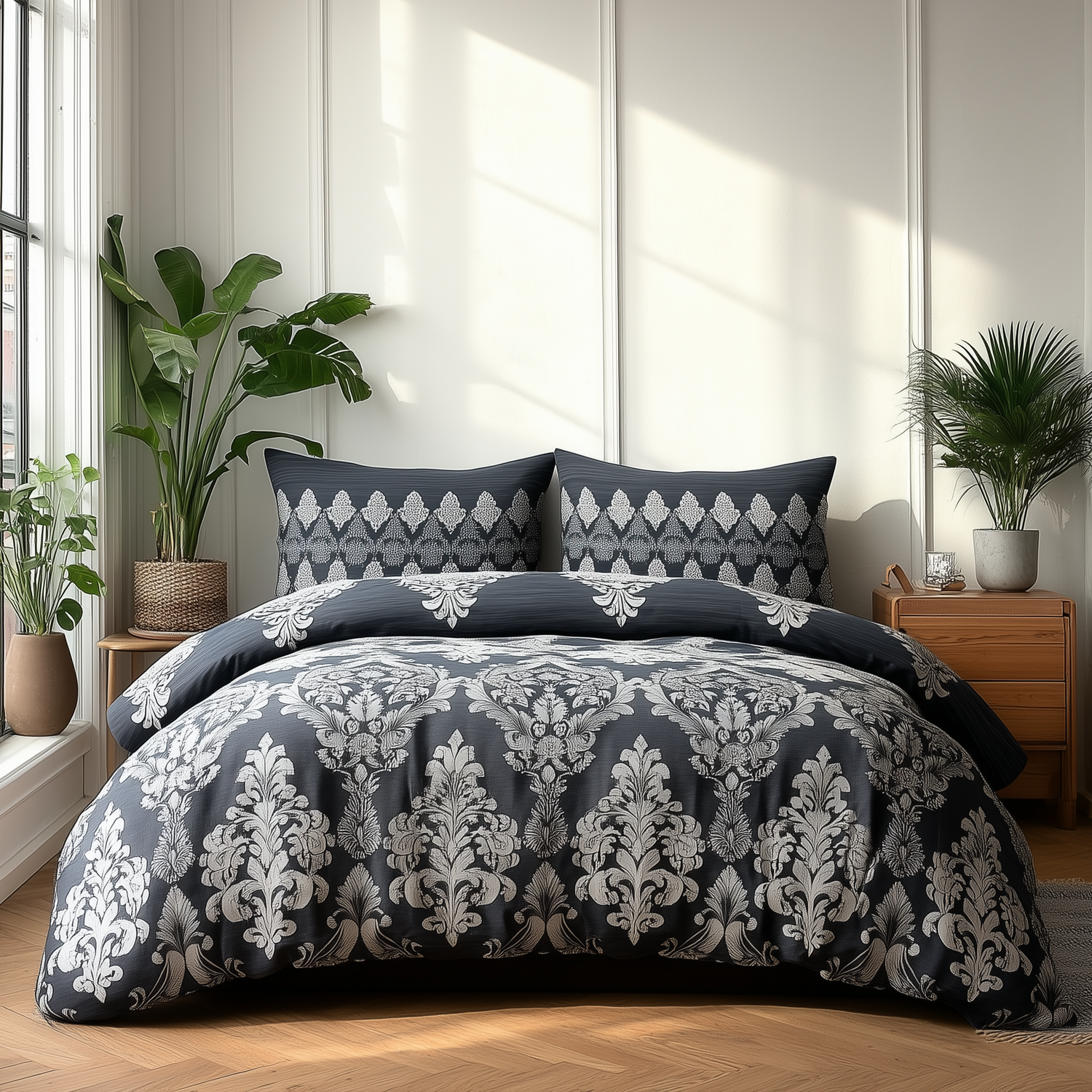 Duvet Cover And Pillowcase Set Natural Black Stripe Floral Design Polycotton Bed Linen - Black / Single