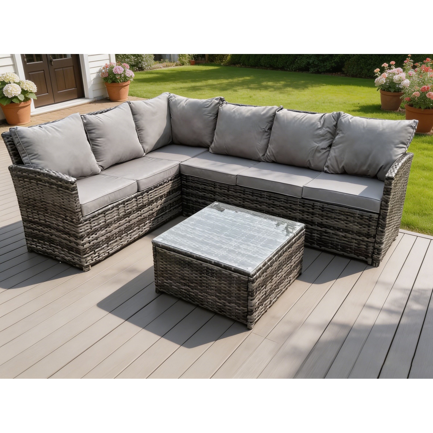 Fimous High Back Rattan Corner Sofa Set Outdoor Furniture 6 Seater - Dark Grey Mixed - Image 1