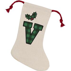 Green Tartan Alphabet Letter V Stocking - Novelty Xmas Gift - Linen-Style With Red Drawstring Ties