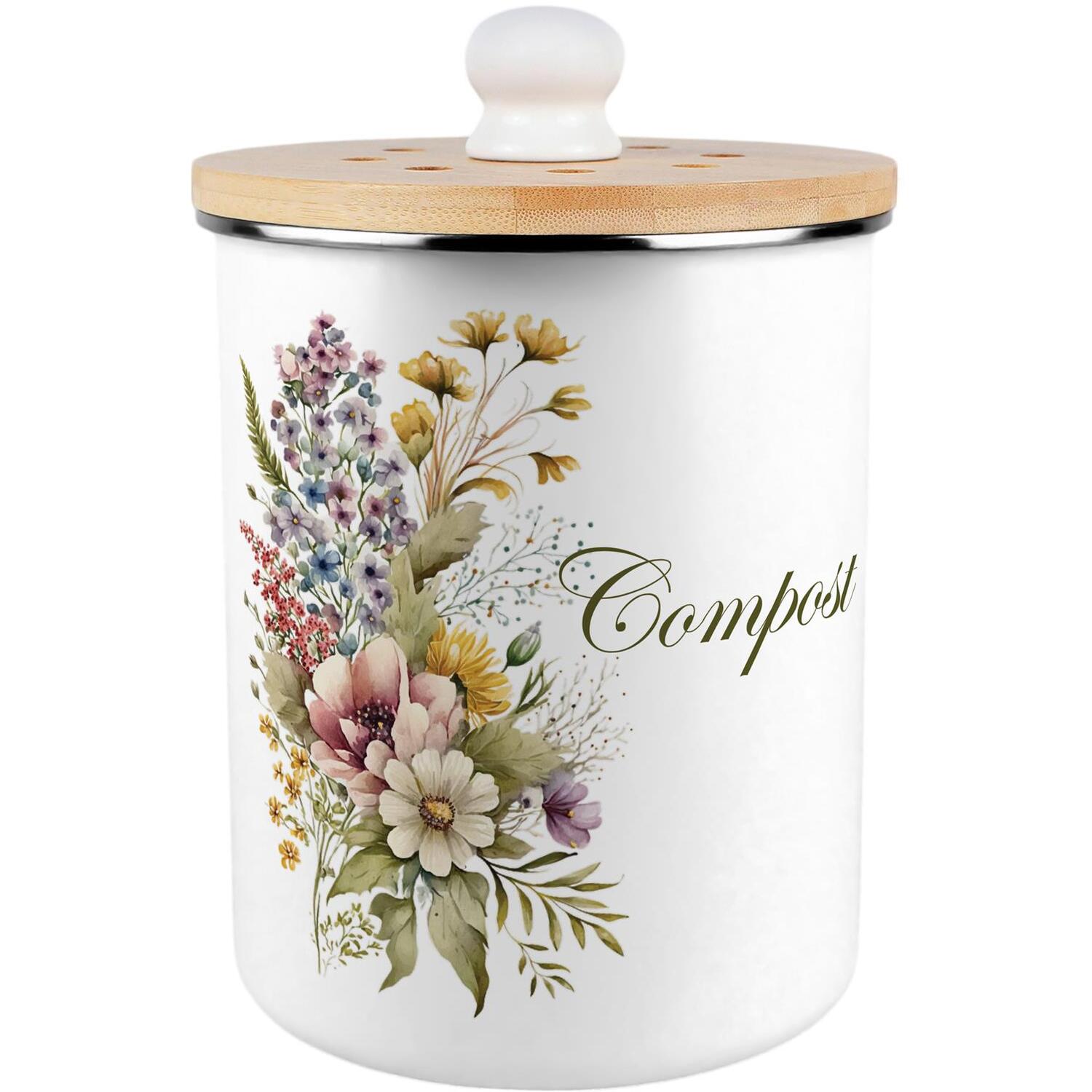 Purely Home Flower Bouquet Compost Caddy - Metal 2L Decorative Kitchen Food Waste Bin - Green