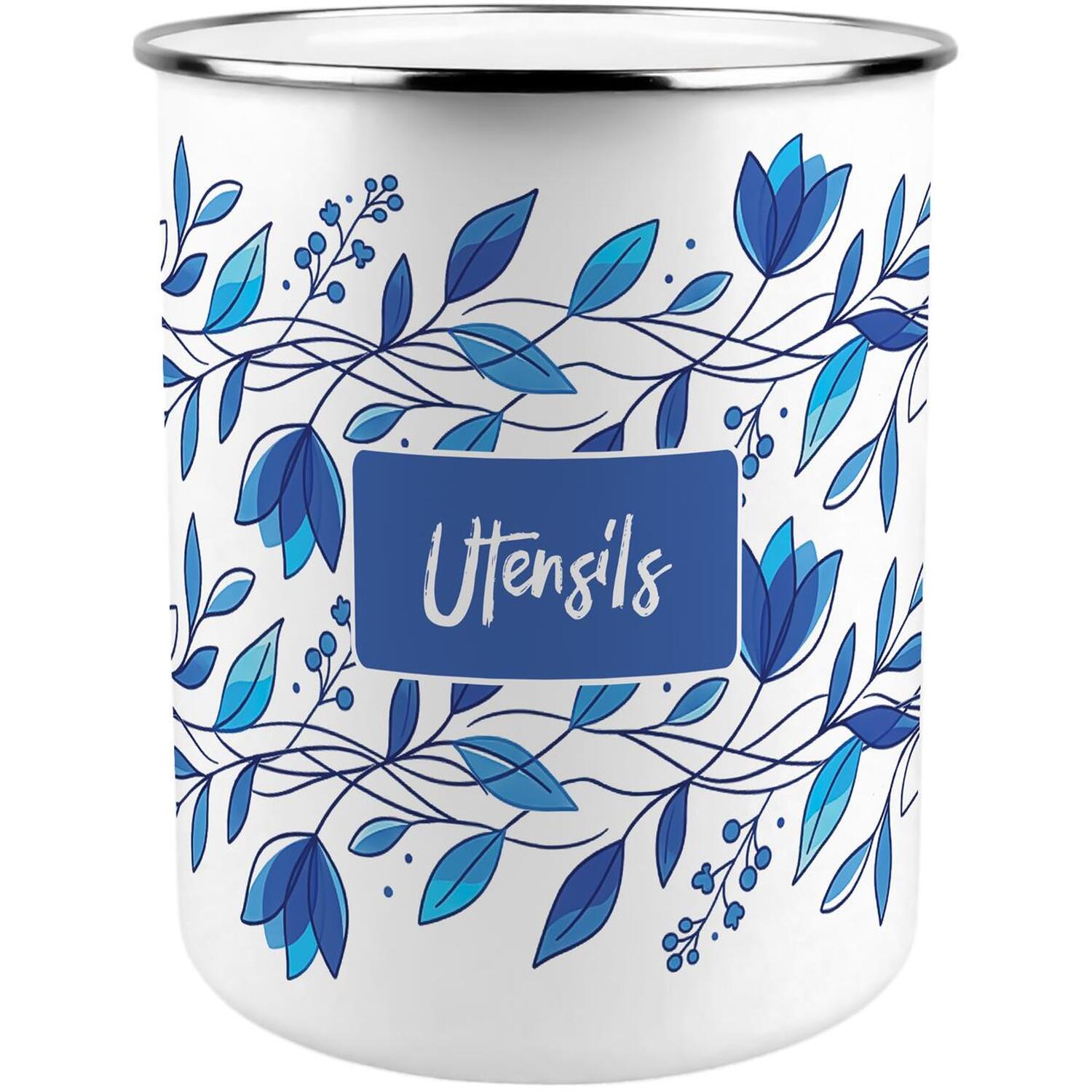 Blue Petals Utensil Pot - Enamel XL Kitchen Utensil Organiser Decor Gift - Image 2