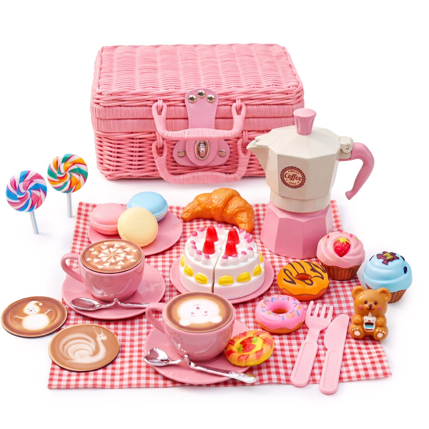 The Magic Toy Shop Play Food Picnic Basket & Tea Set - 30 Pcs Kids Pretend Play - Pink