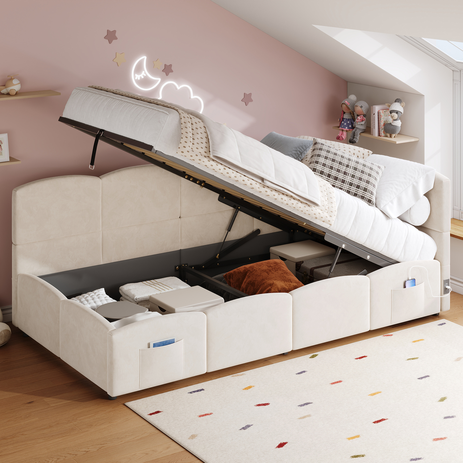 Aka Upholstered Sofa Daybed With Hydraulic Storage And Usb Charging - Cream