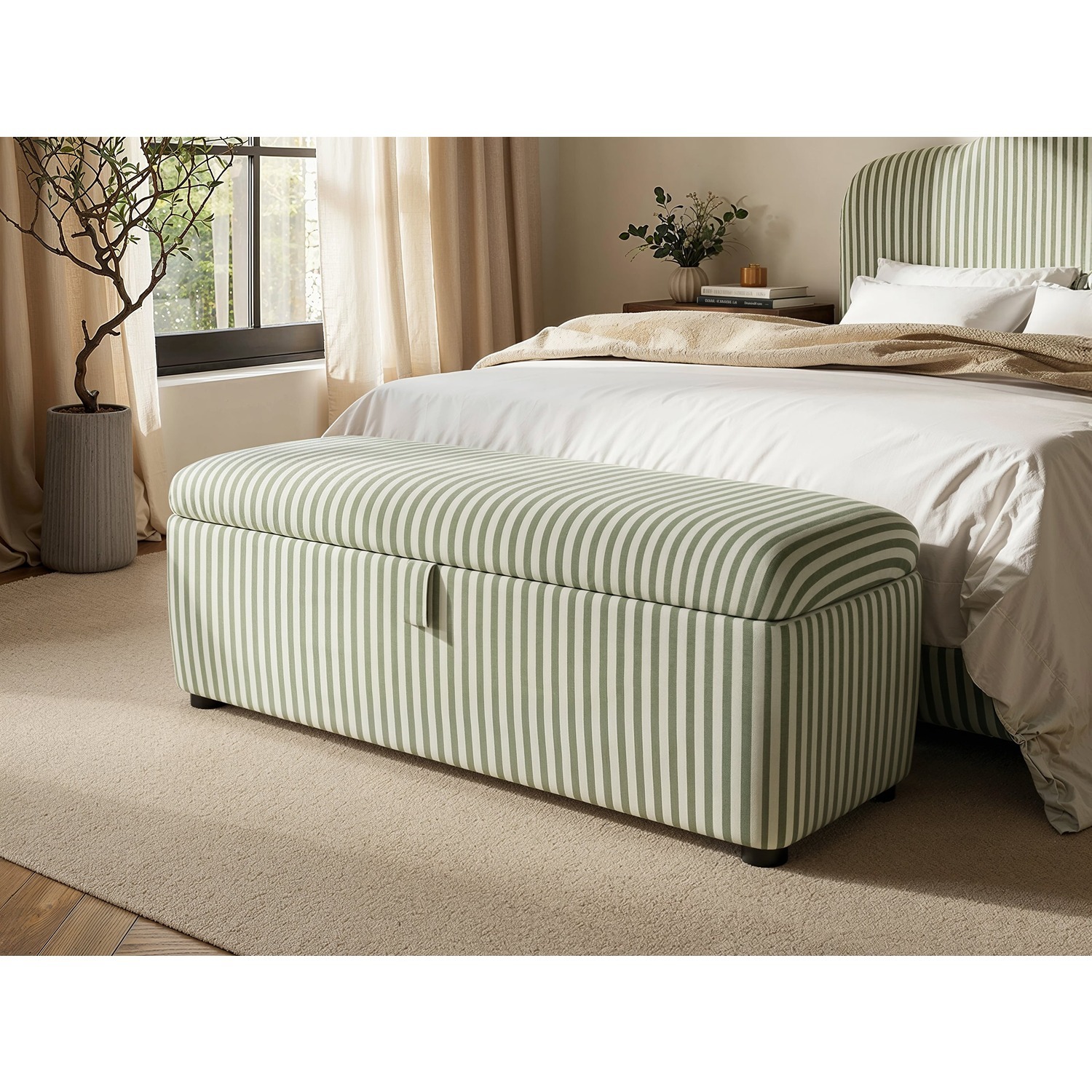 Solace+Co Skylynn Ottoman Blanket Box Cream Striped Woven Fabric - Cream & Green