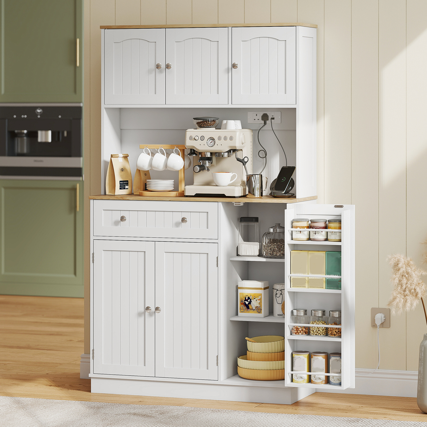 Homcom Pantry Storage Cabinet With Adjustable Shelves And 4 Door Racks - White - Image 1