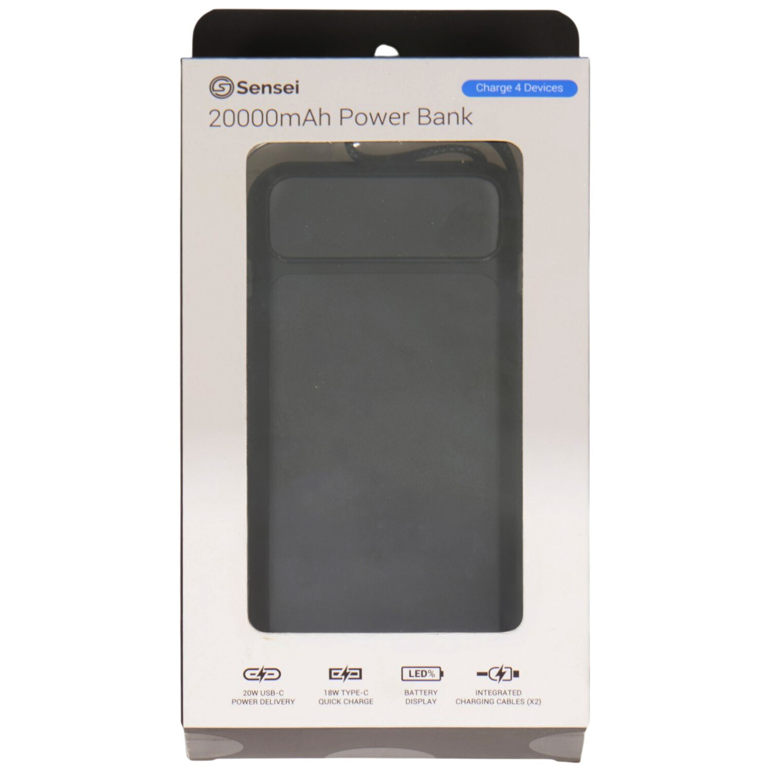 Sensei Power Bank With Dual Cables 20000Mah - Black