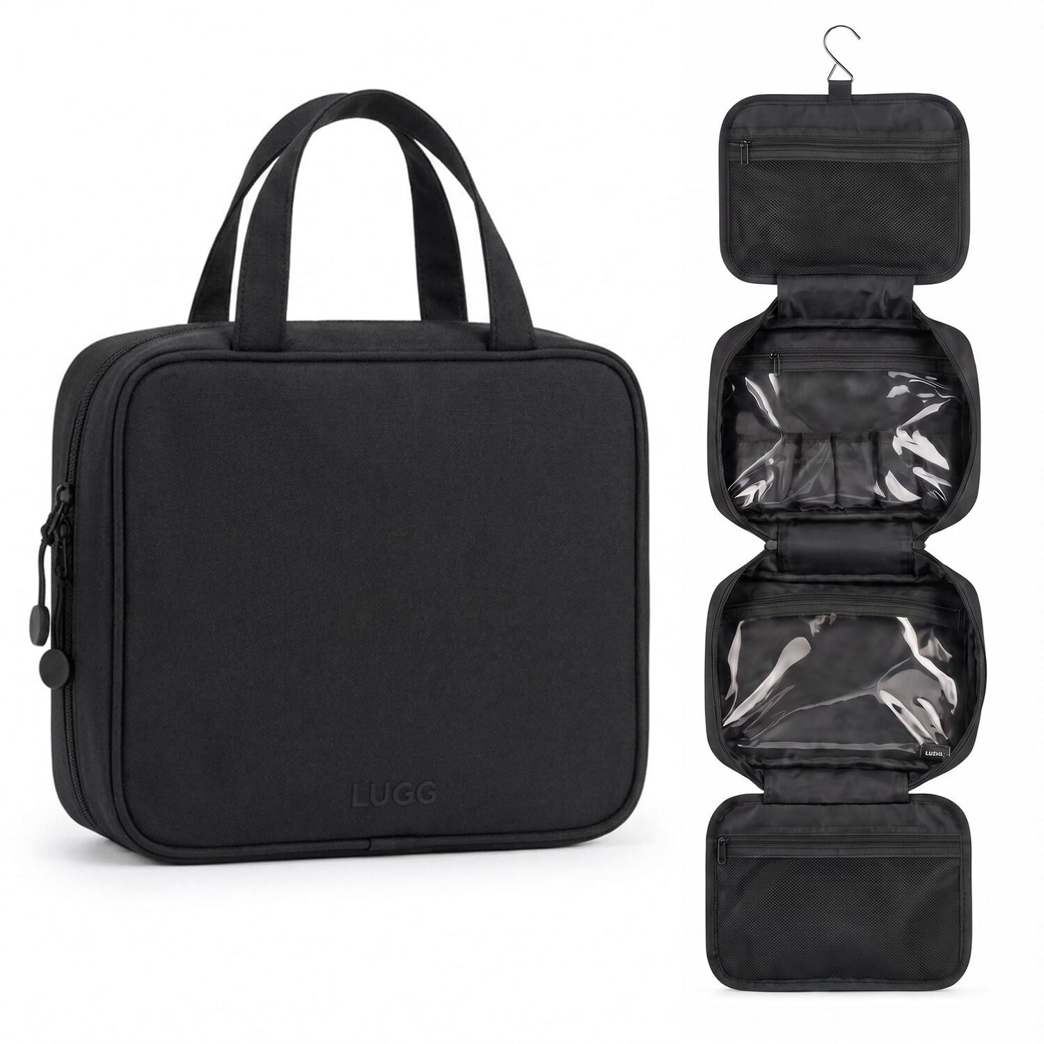 Lugg Unisex Black Hanging Toiletry Bag - Travel Wash Bag With Hook In - Image 1