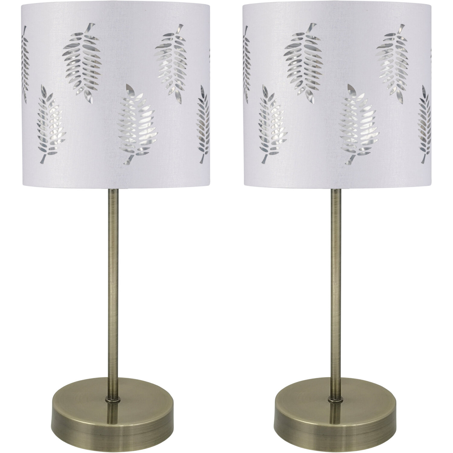 First Choice Lighting Set Of 2 Antique Brass Stick Table Lamps With White Fern Shades - Antique Brass & White