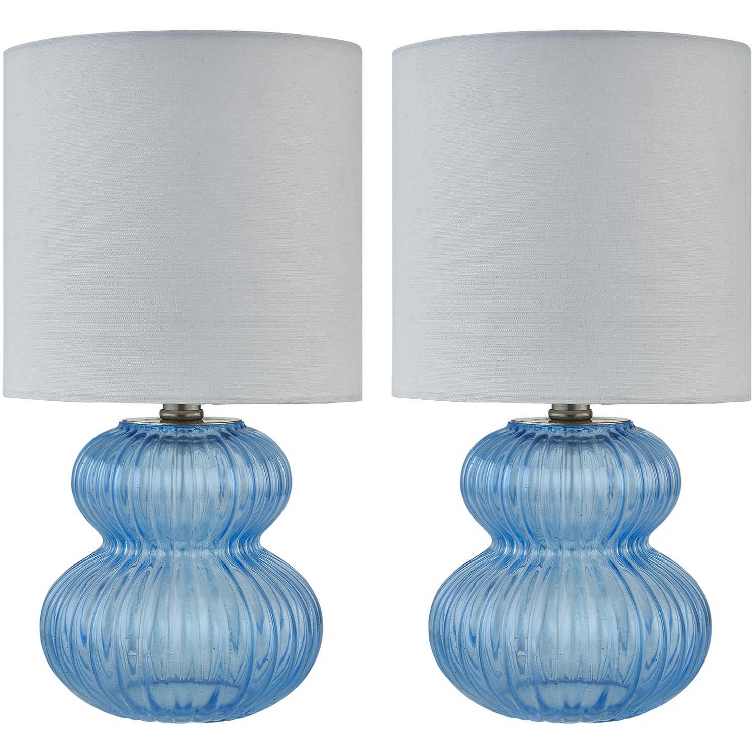 First Choice Lighting Unisex Blue Walter - Set Of 2 Ribbed Glass 29Cm Table Lamps With White Shade - Image 2