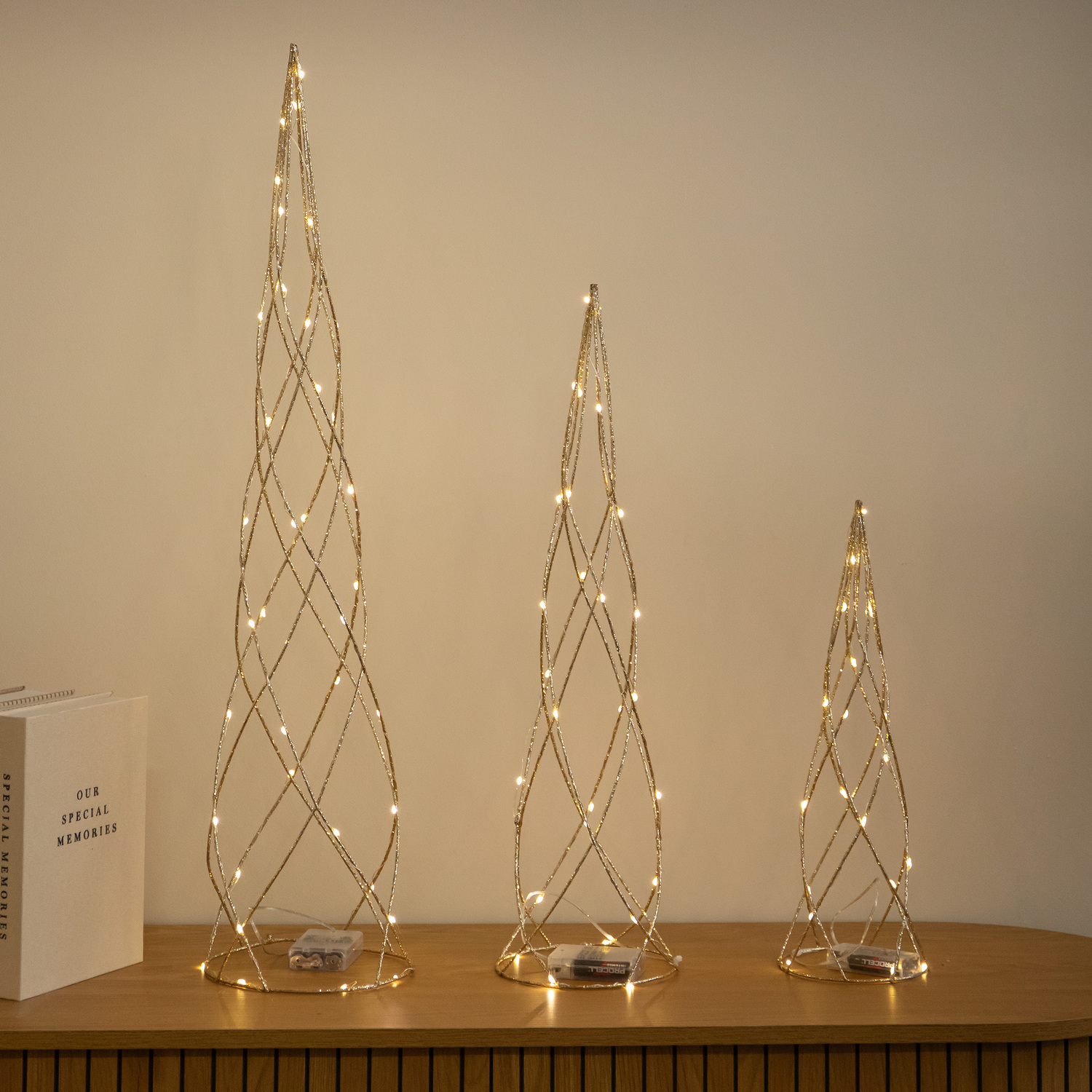 Samuel Alexander Set Of 3 Gold Spiral Christmas Trees With Leds - Gold