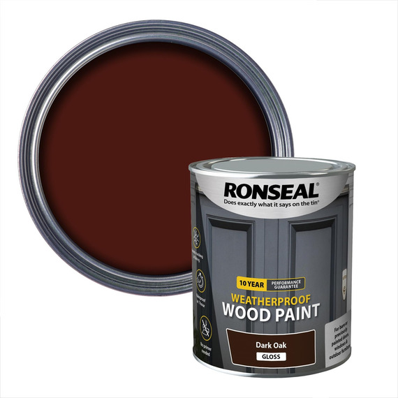 Ronseal 10 Year Weatherproof 2-in-1 Primer and Wood Paint Dark Oak Gloss 750ml.