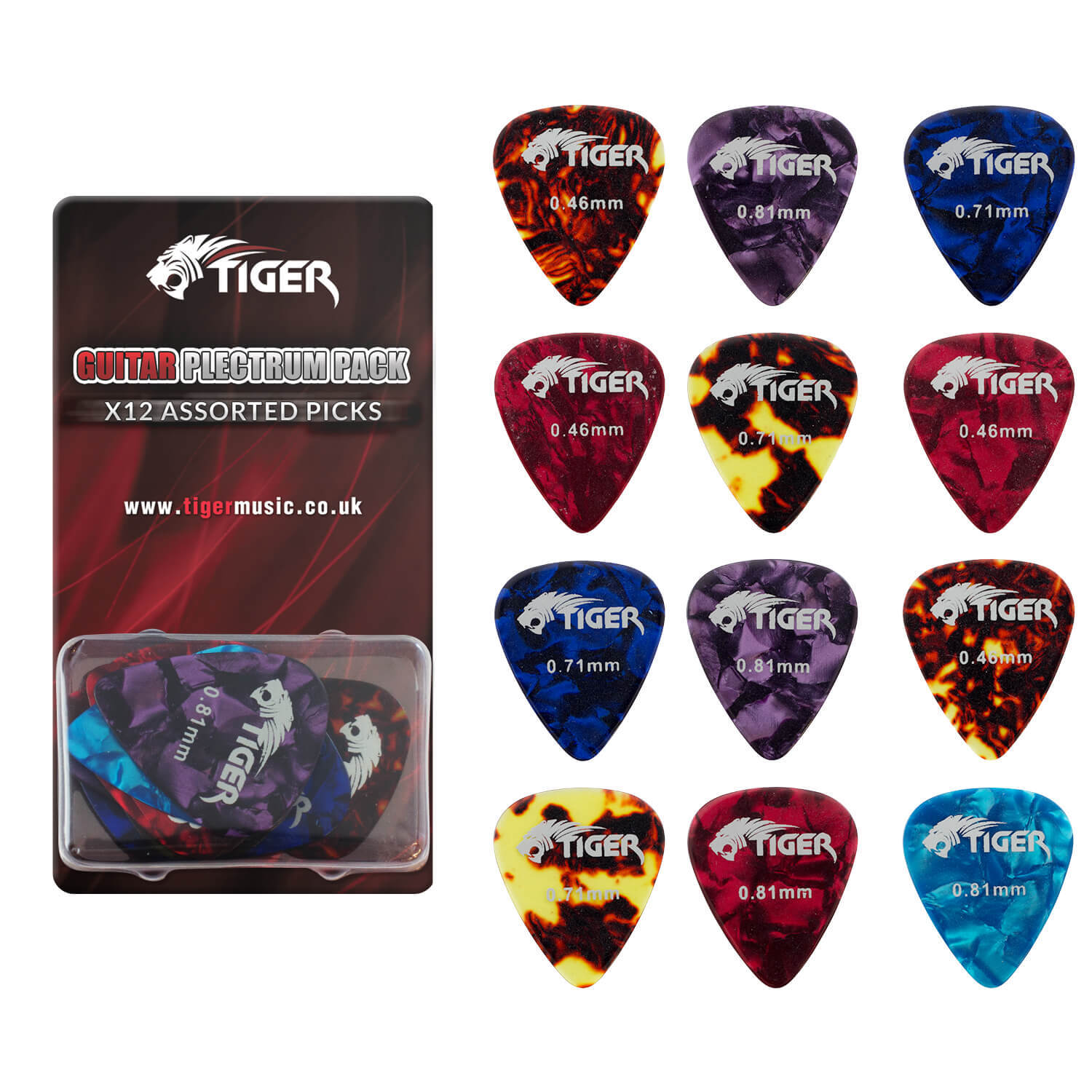 Tiger Music Celluloid Guitar Picks - Pack Of 12 - Variety Of Gauges - Neutral