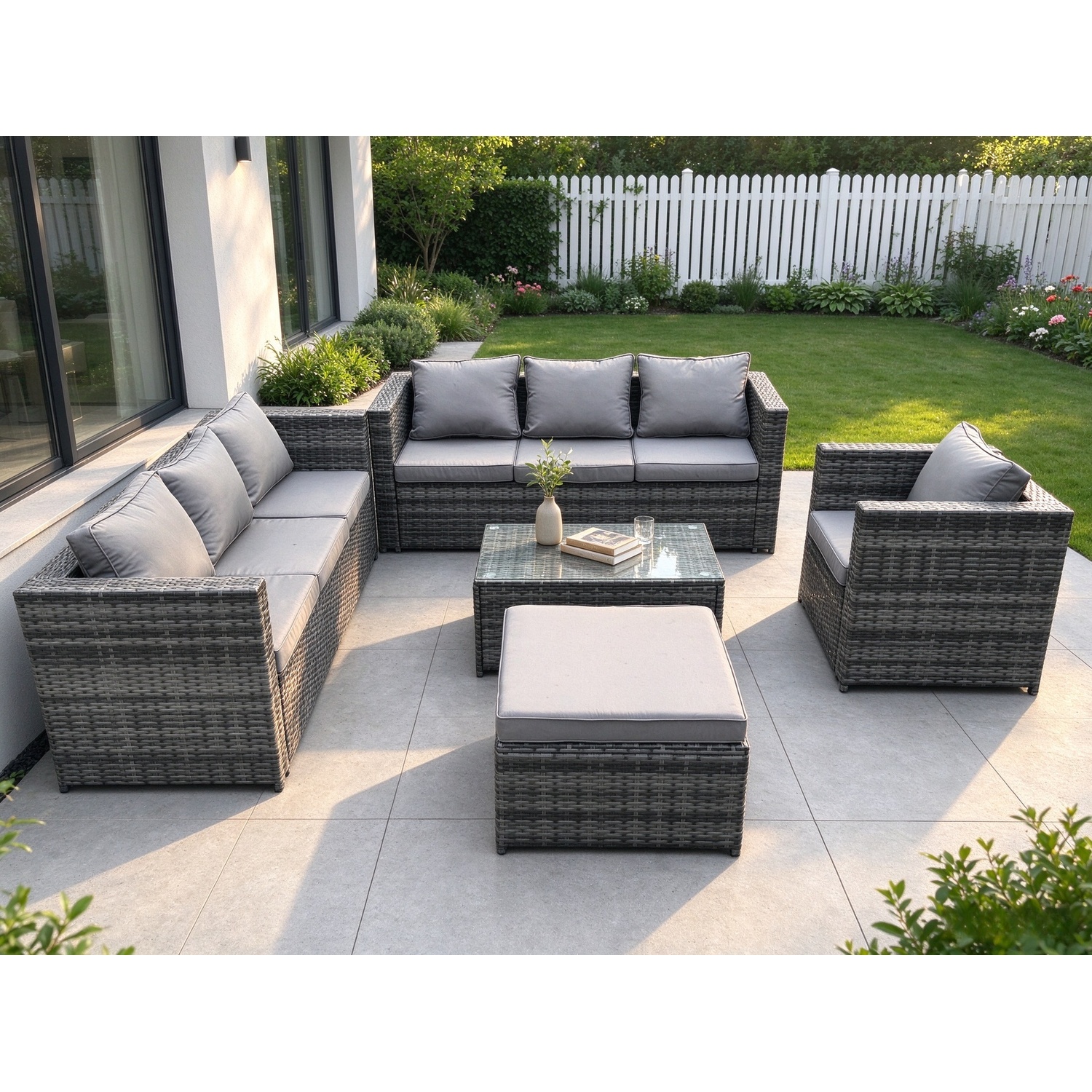 Rackhams Dark/Grey 8 Seater Rattan Garden Furniture Set With 2 Sofas, Coffee Table, Armchair & Footstool - Mixed - Image 2