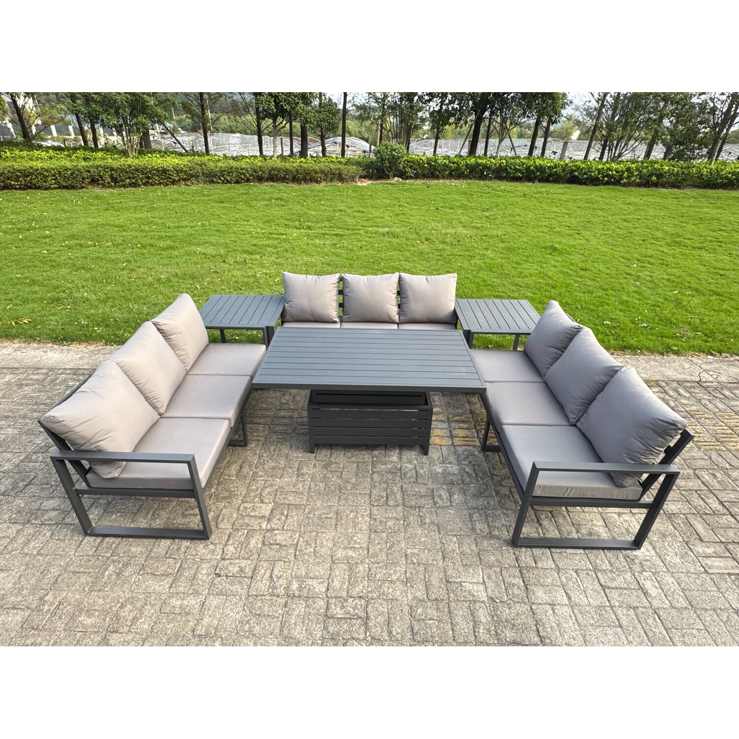 Fimous Dark/Grey 9 Seater Aluminium Garden Furniture Set With Adjustable Rising Dining Table, 2 Side Tables - Image 3