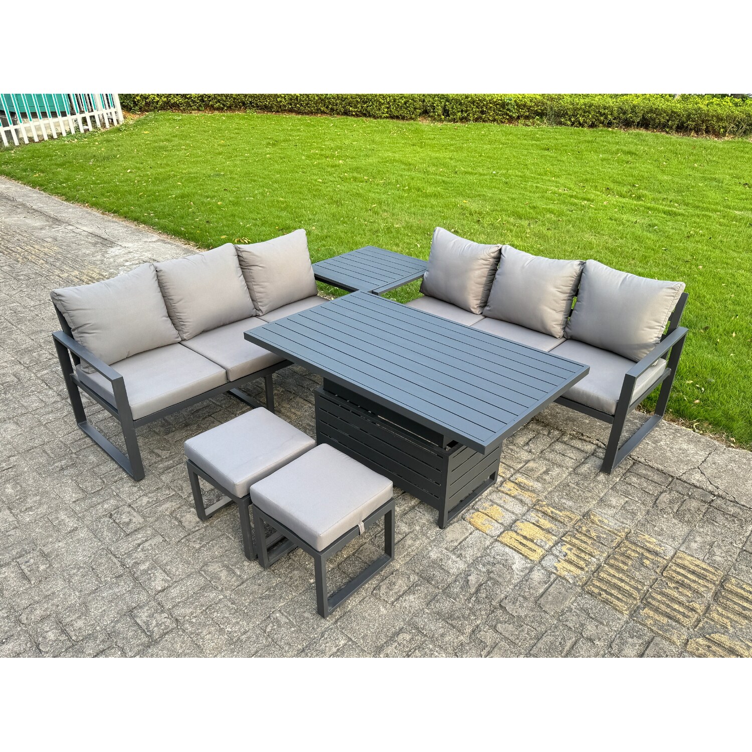 B&Q - 6 Pieces Garden Furniture Set Aluminium Adjustable Rising Lifting Dining Table And Sofa Set With Side Table 2 Small Stools - Image 2