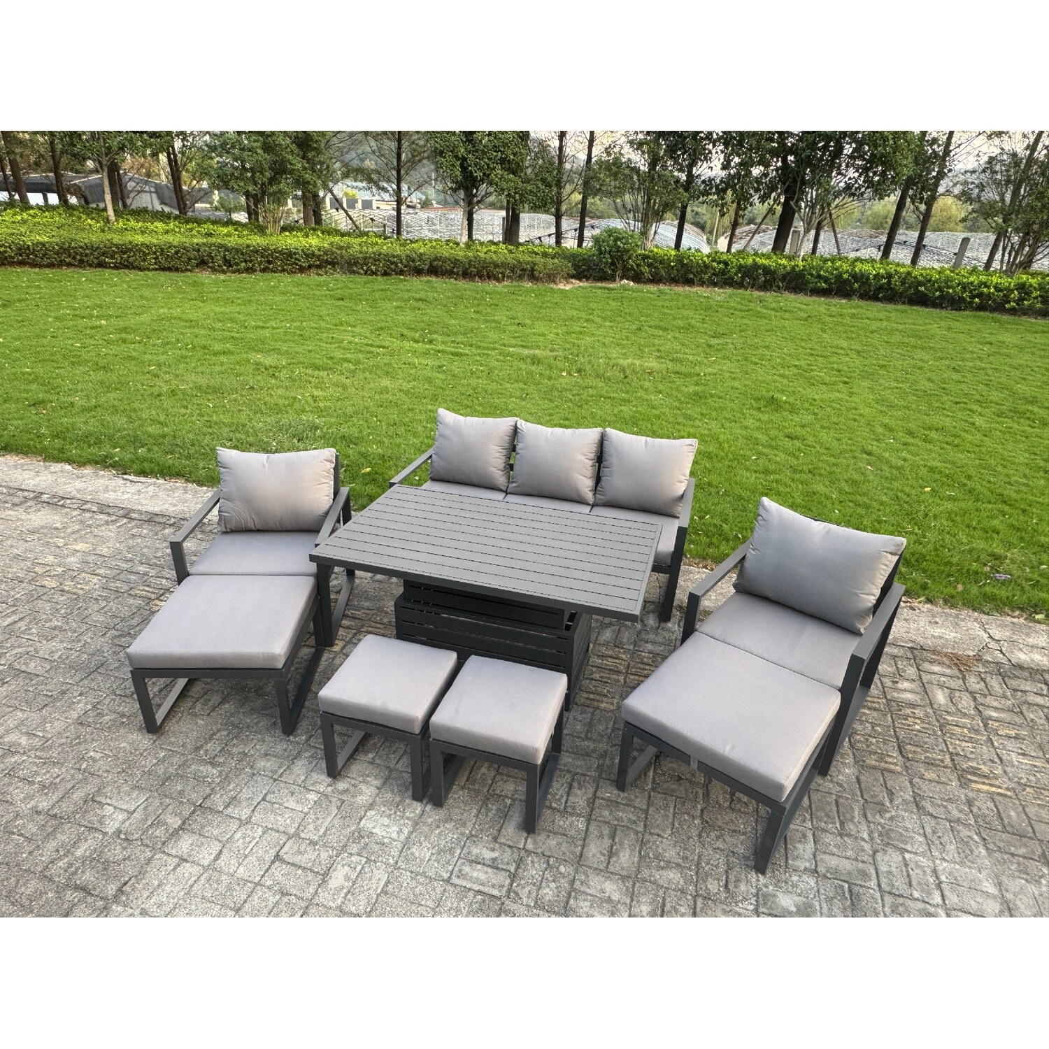 B&Q - Aluminium Garden Furniture Sets 9 Seater With Adjustable Rising Lifting Dining Table 2 Chairs 4 Footstools - Image 2