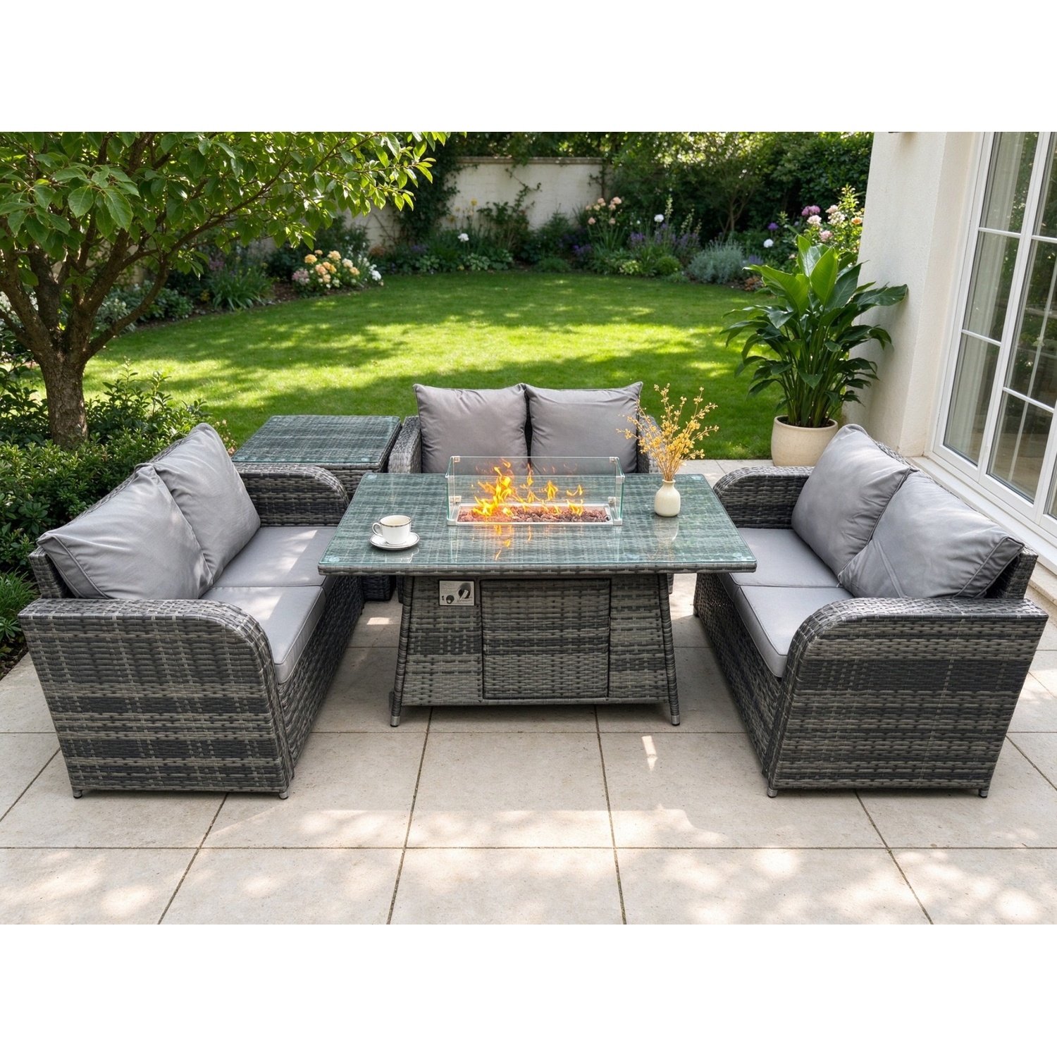Fimous Rattan Outdoor Garden Furniture Sofa Set Gas Fire Pit Dining Table Gas Heater With Side Table Love Sofa - Image 3