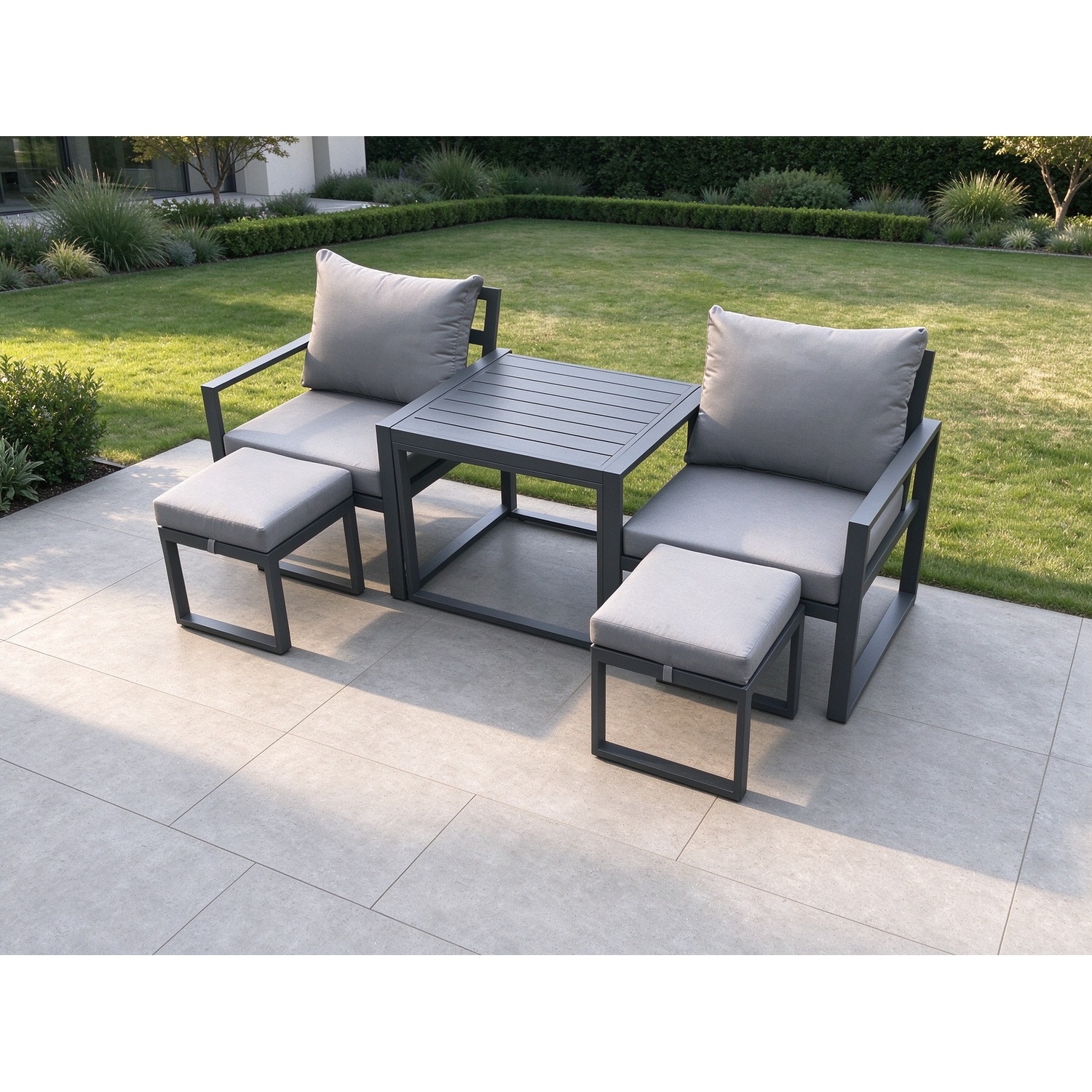 Fimous Aluminium 5 Pieces Garden Furniture Sofa Set Chair And 2 Small Footstool Table Including Cushions - Image 1