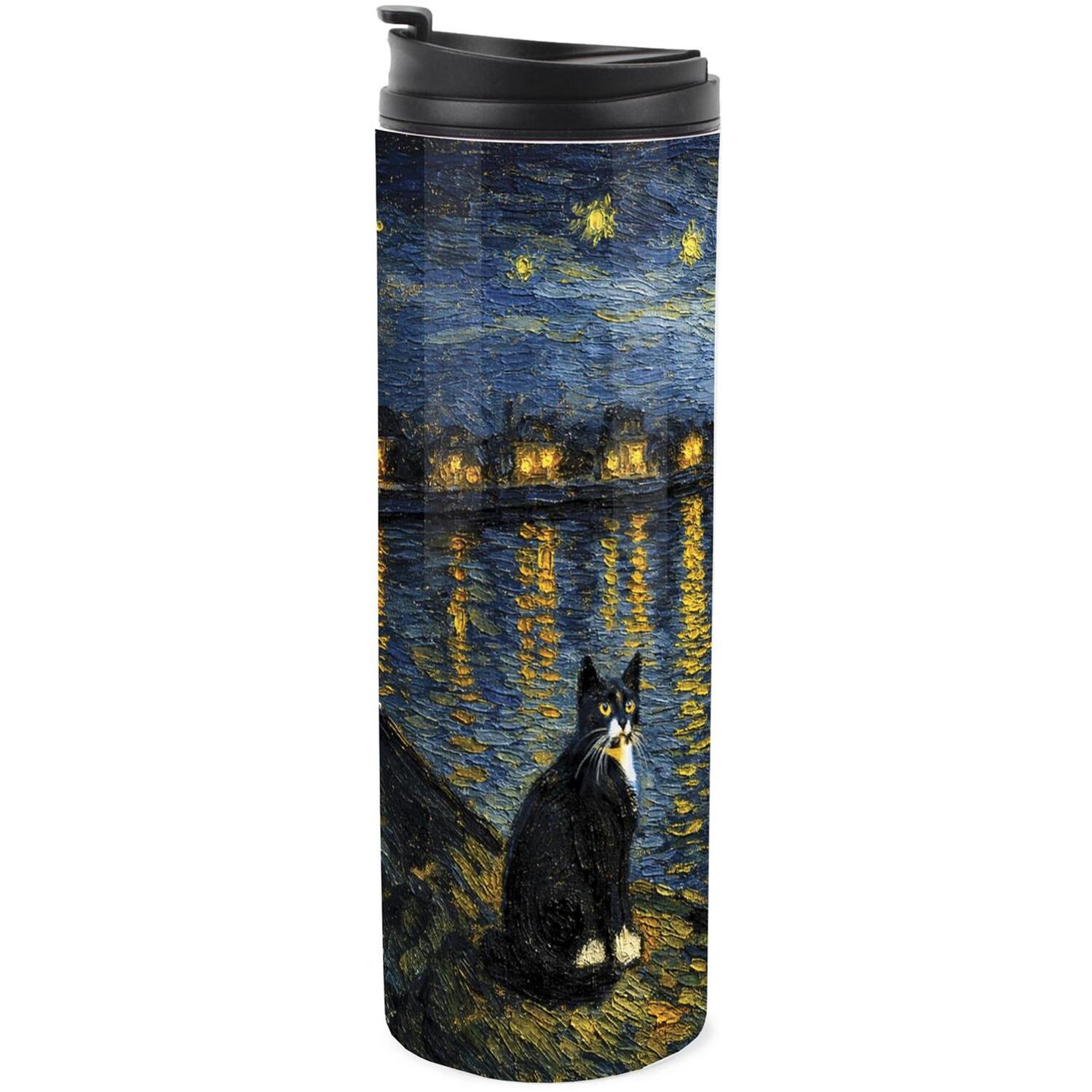 Purely Home Van Gogh Cats Tuxedo Starry Night Stainless Steel Travel Flask - Image 1