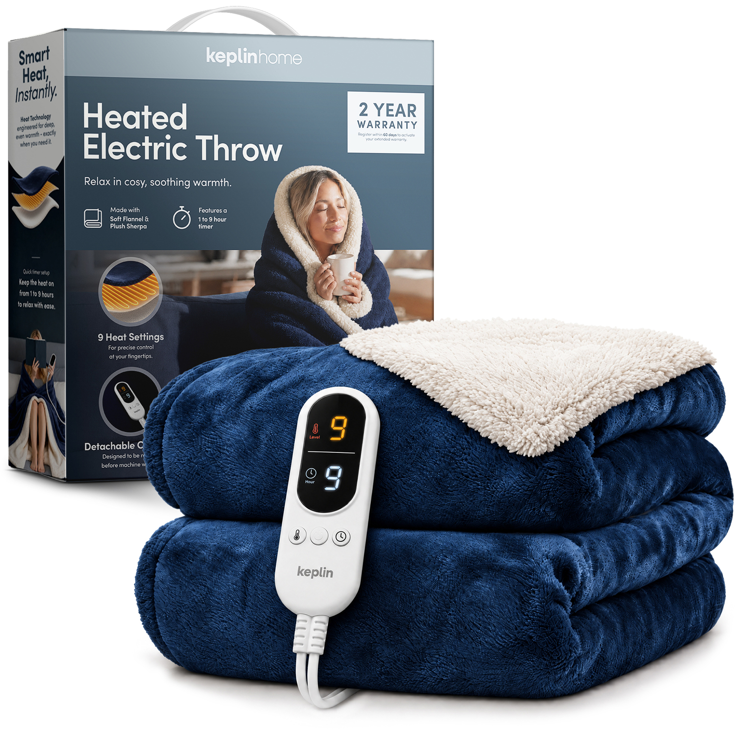 Keplin Large Electric Heated Throw Blanket Blanket, 1 Year Warranty, Navy/Cream Sherpa - Image 2