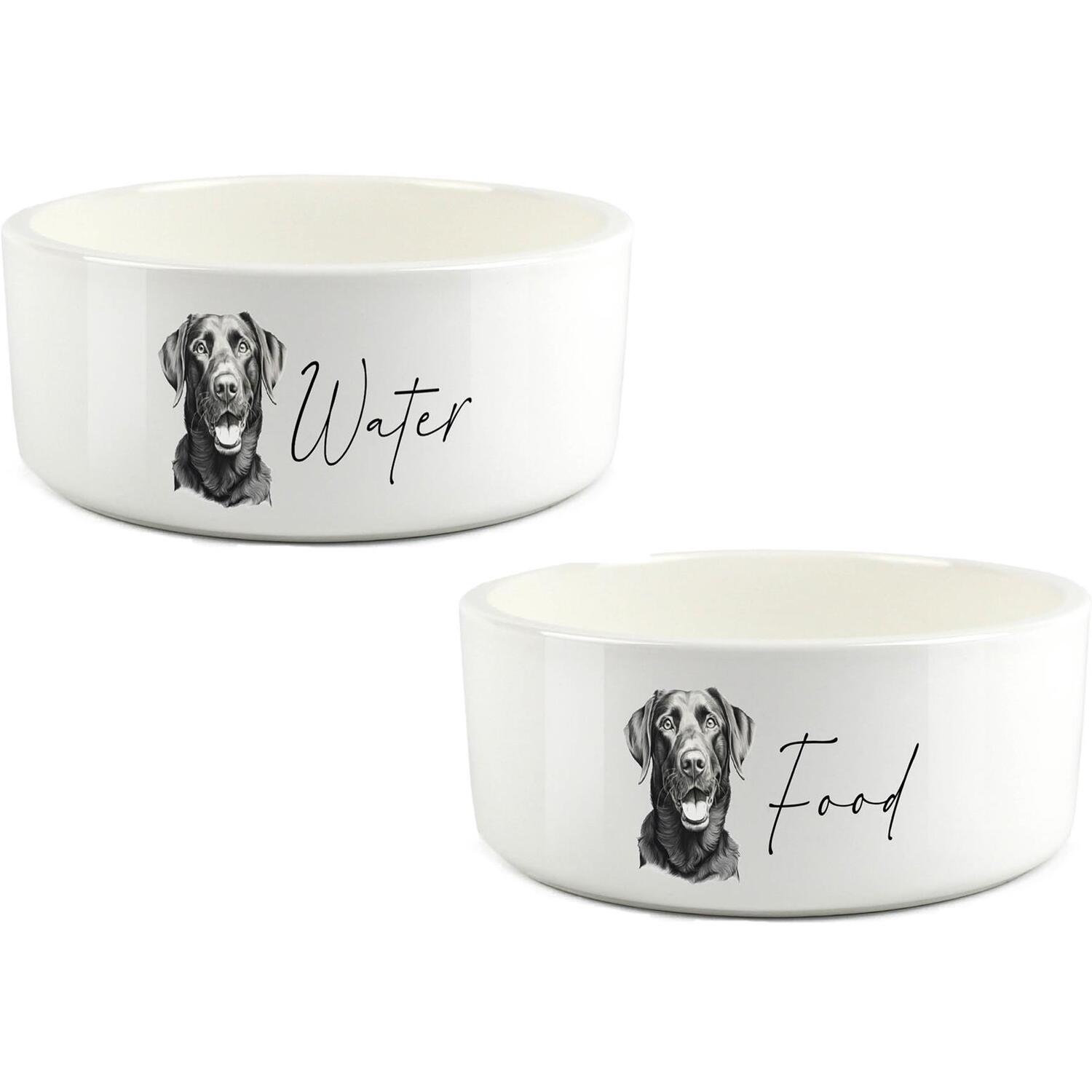 Purely Home Black Sketch Large Ceramic Pet Food & Water Bowl Set - Black Labrador - Image 1