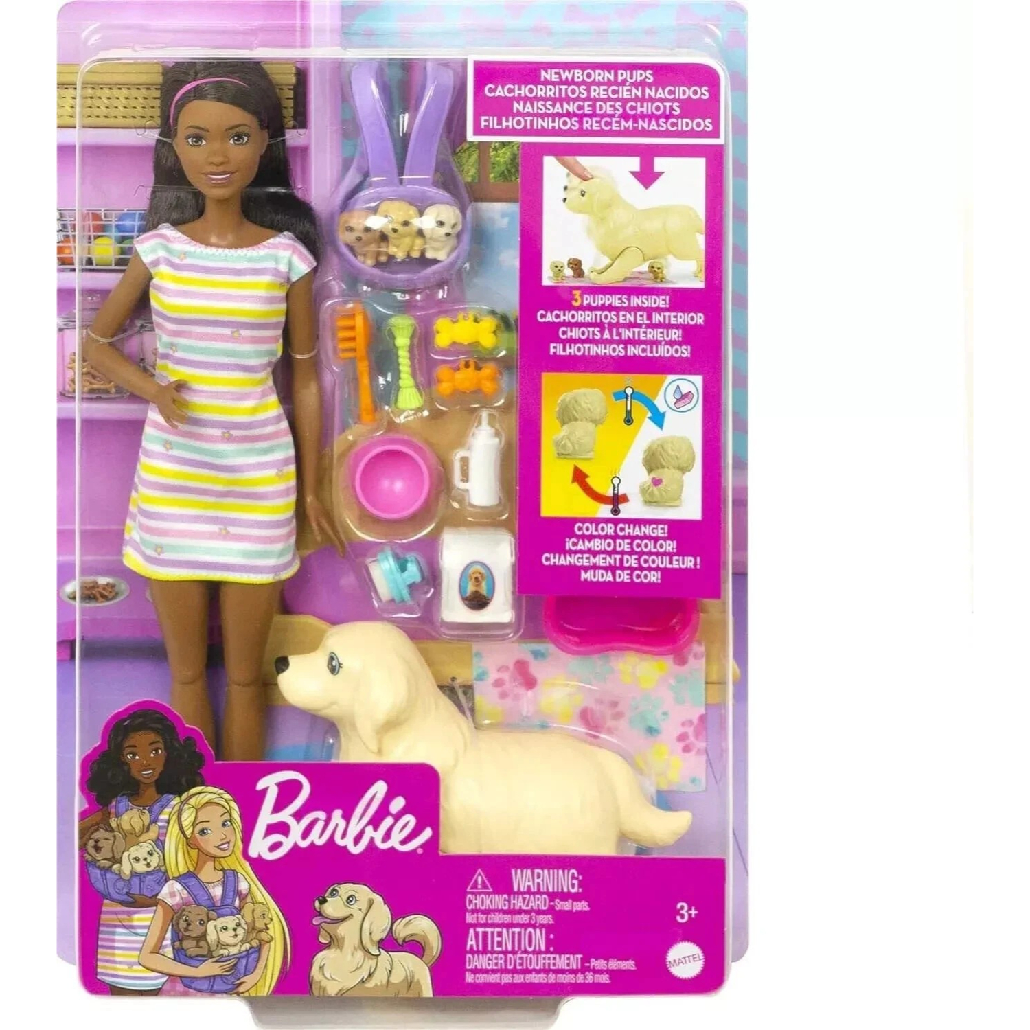 Barbie Pets Doll and Born Pups Playset with Mother Dog and 3 Colour-Change Puppies, HCK76