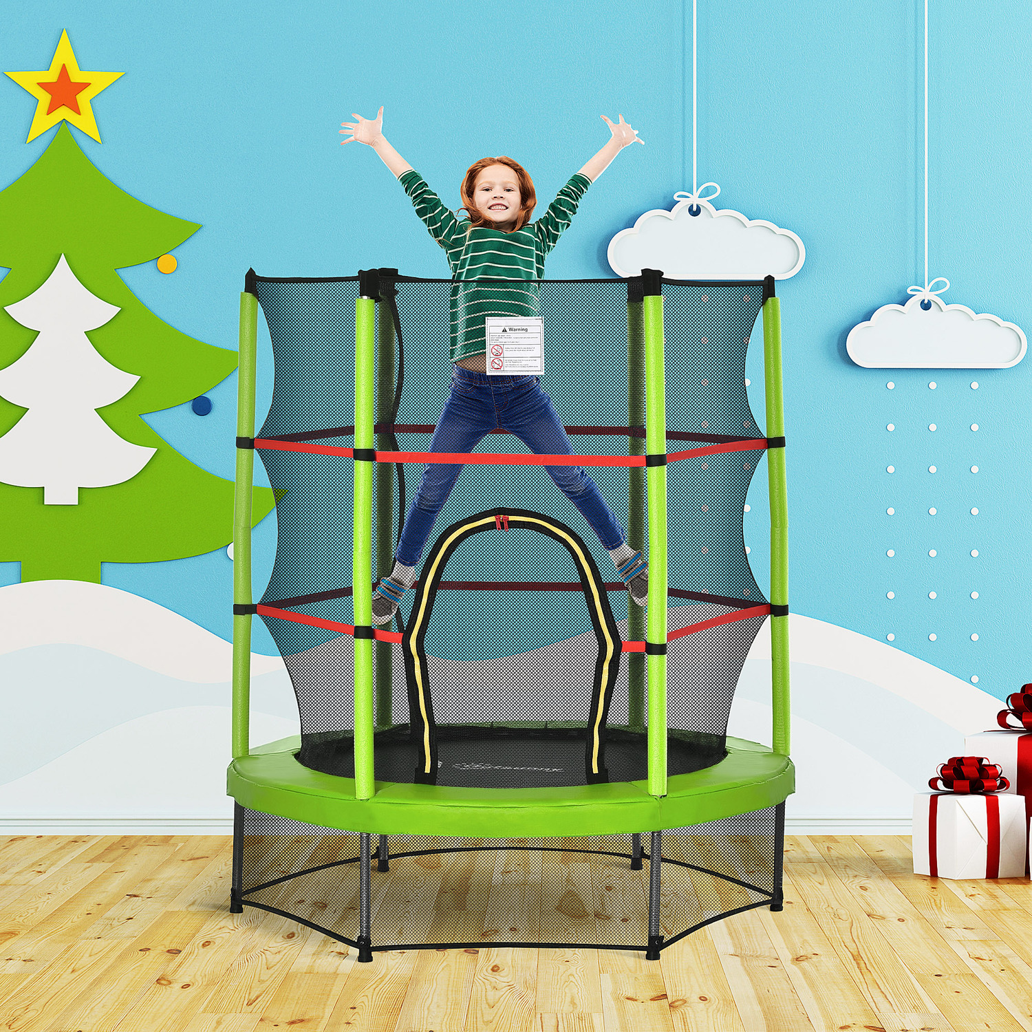 Image of 140cm Kids Trampoline with Enclosure Net - Green